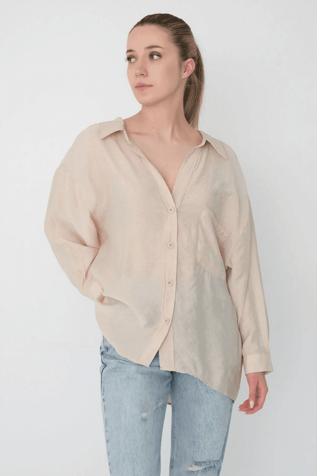 Kadın Omuzu Düşük Oversize Gömlek