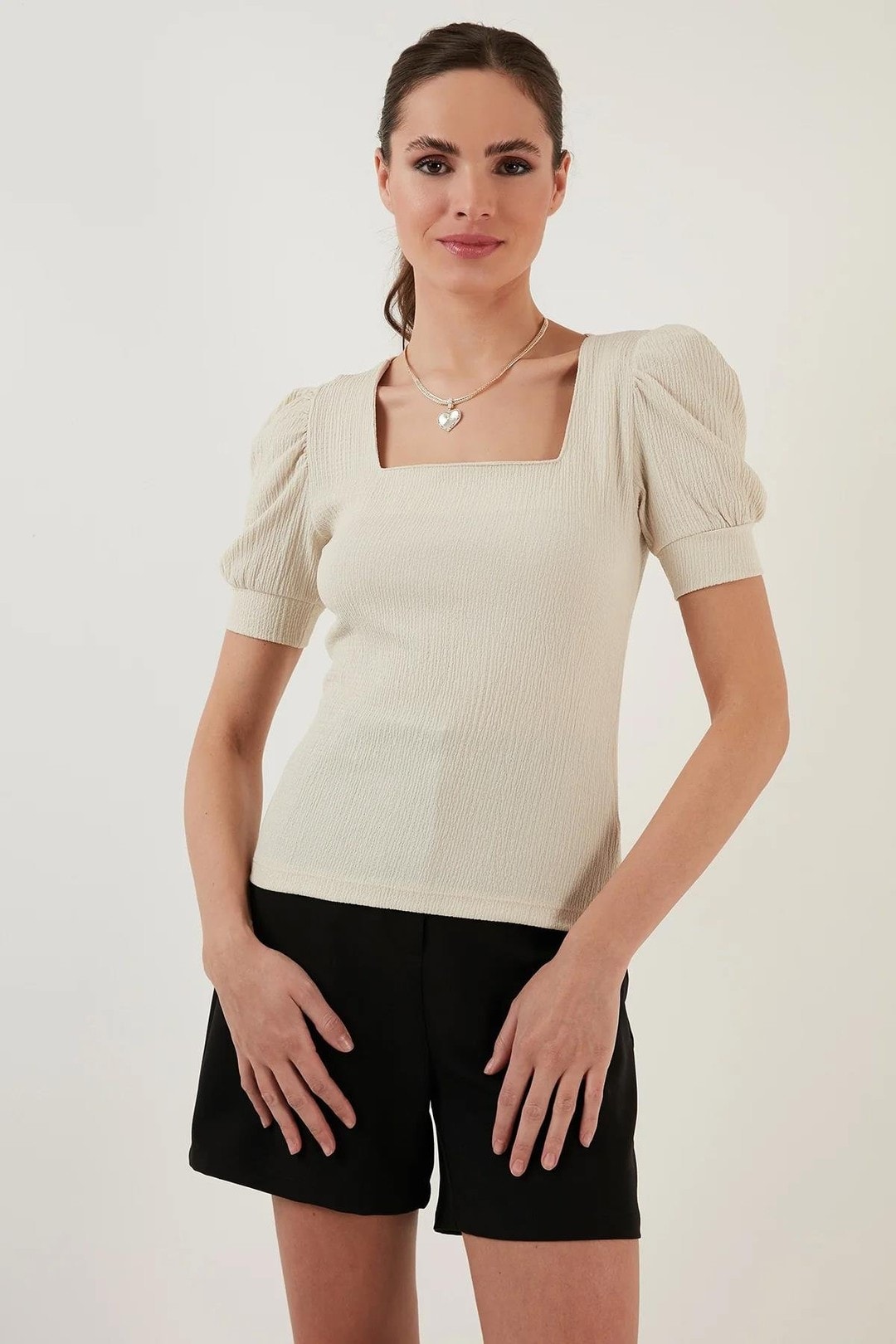 Kadın Balon Kol Kare Bürümcük Kumaş Bluz