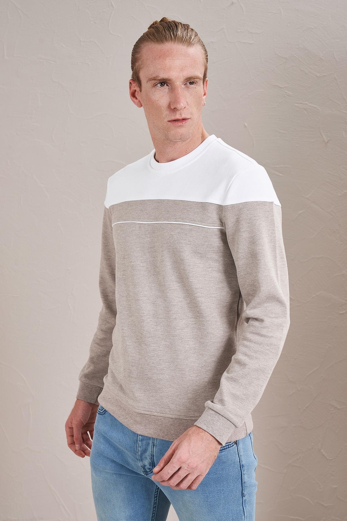 Erkek Bisiklet Yaka Pike Parçalı Sweatshirt