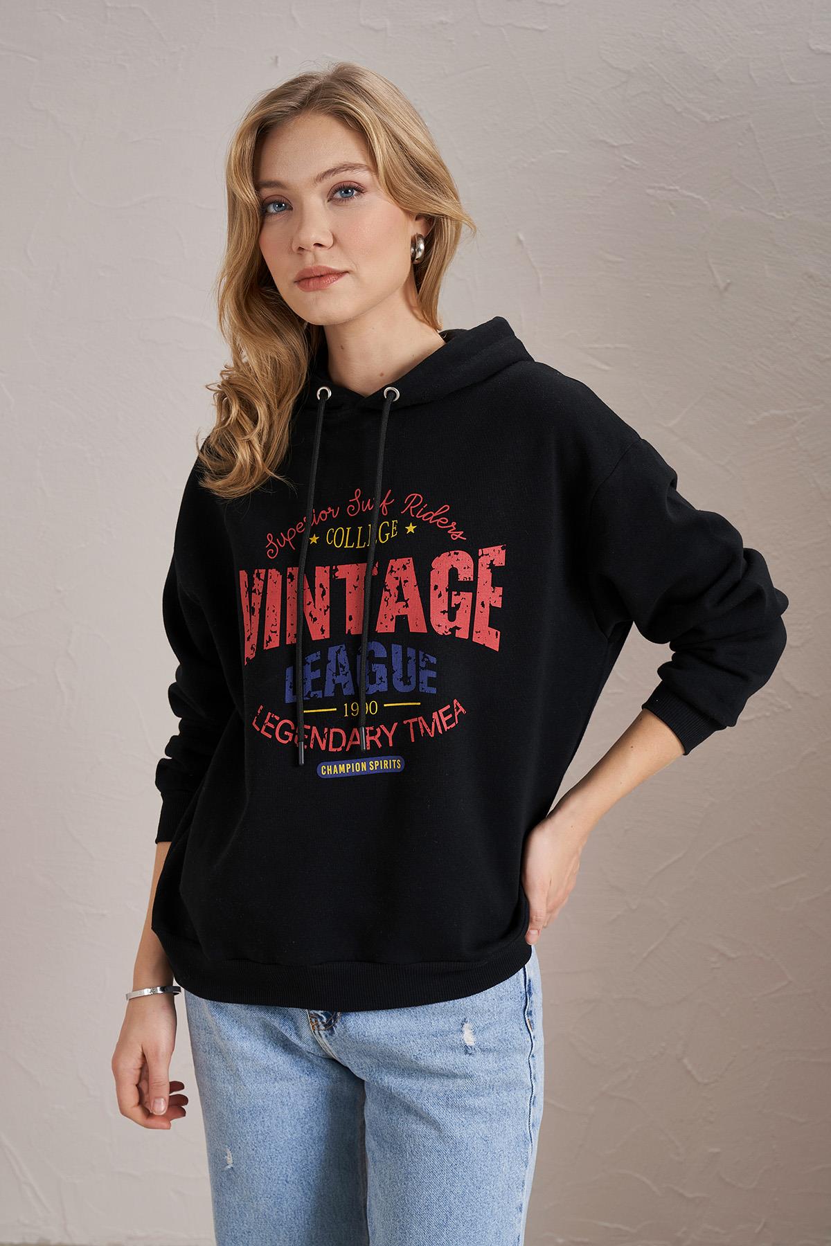 Kadın Wintage Baskılı Cepsiz Kapüşonlu Sweatshirt