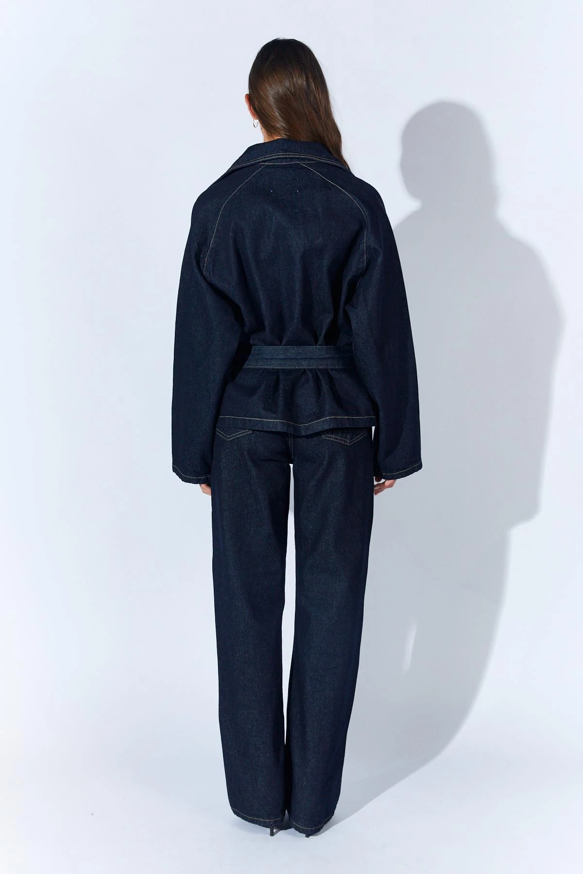 Kadın Kruvaze Kuşalı Ceket Palazzo Pantolonlu Jean Takım