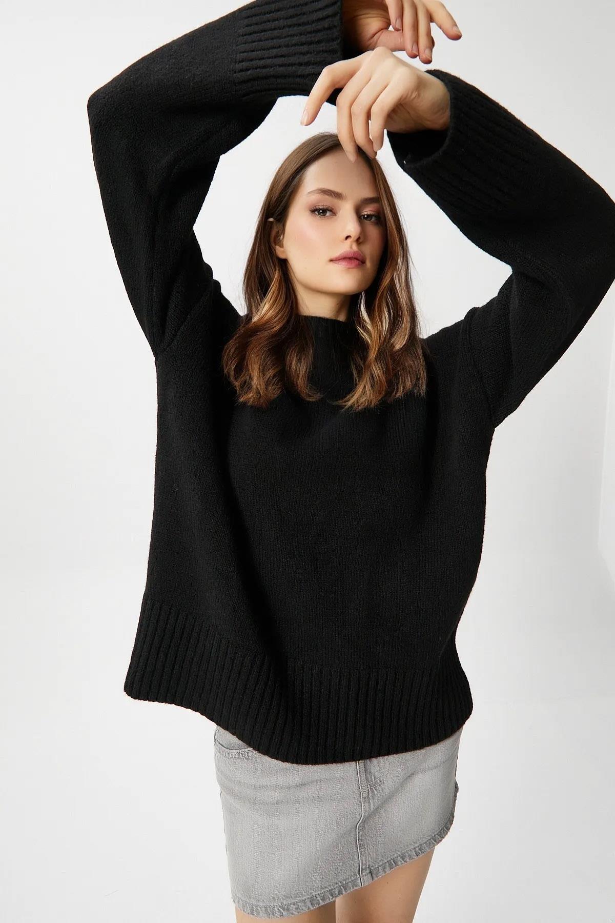 Kadın Bisiklet Yaka Ribana Detaylı Kazak