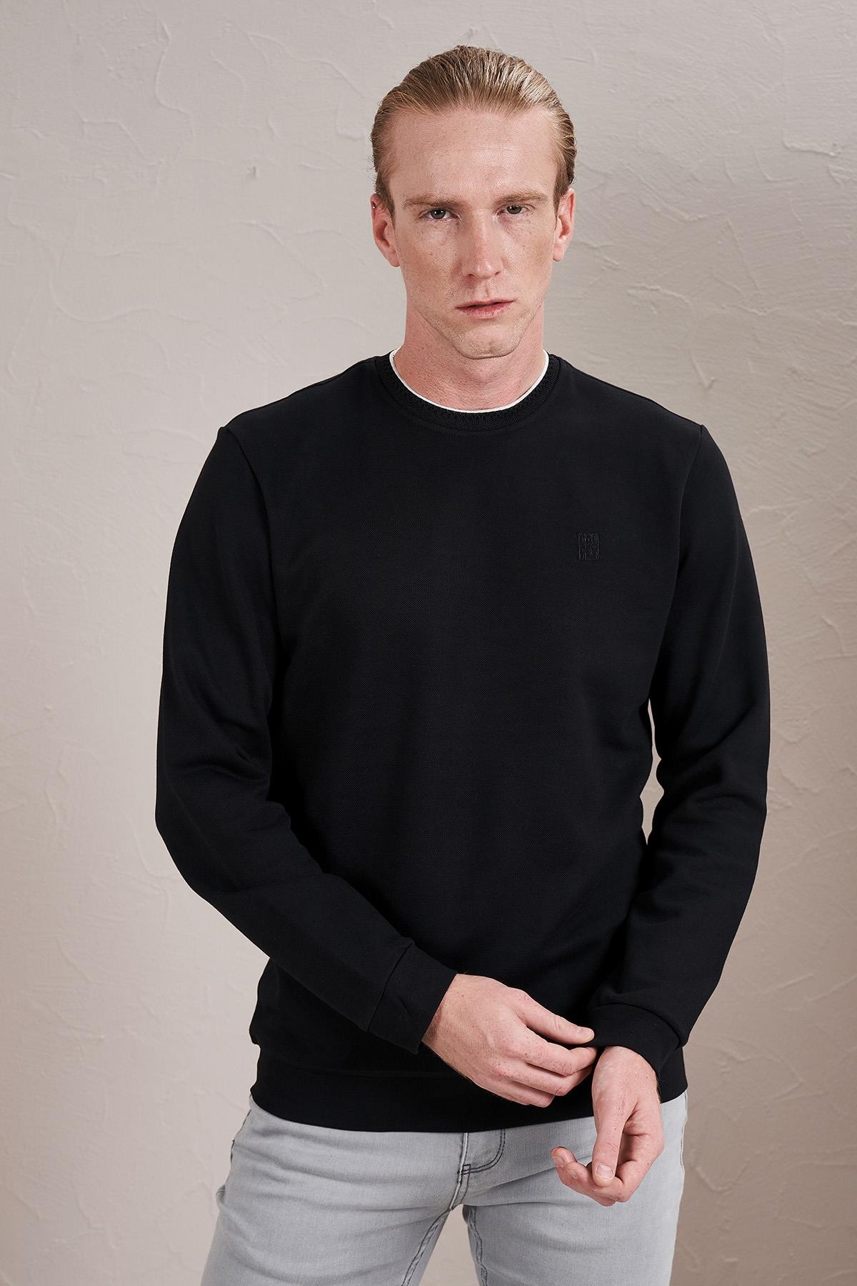 Erkek Bisiklet Yaka İnterlok Trikolu Sweatshirt