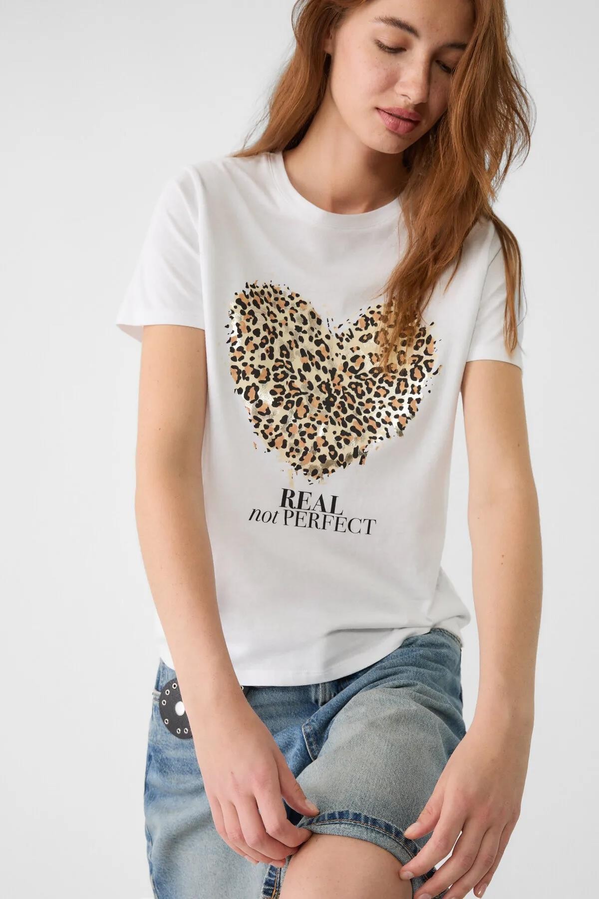 Kadın Bisiklet Yaka Kalp Real Not Perfect Baskılı Tişört