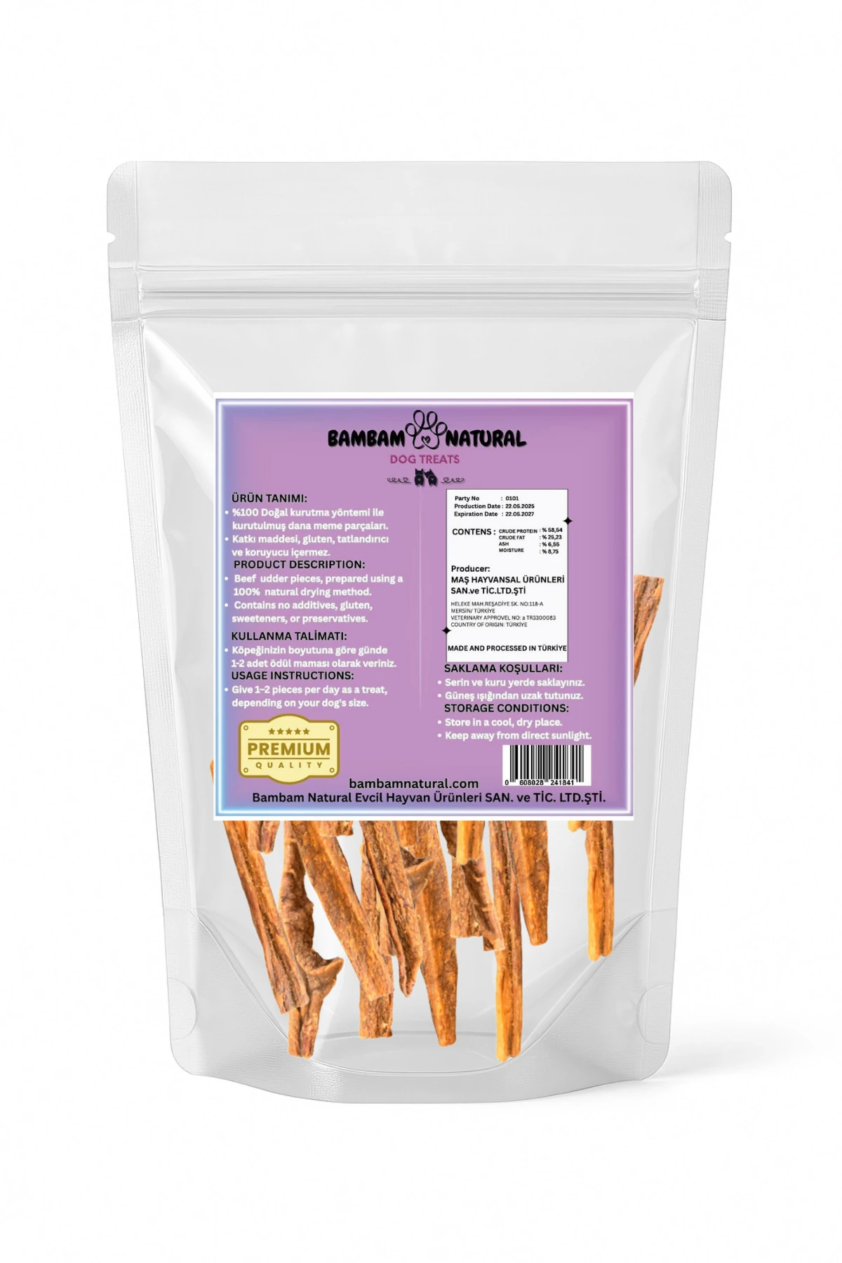 %100 Doğal Kurutulmuş Dana Meme Parçaları 250 Gr - Köpek Çiğneme Ve Ödül Maması