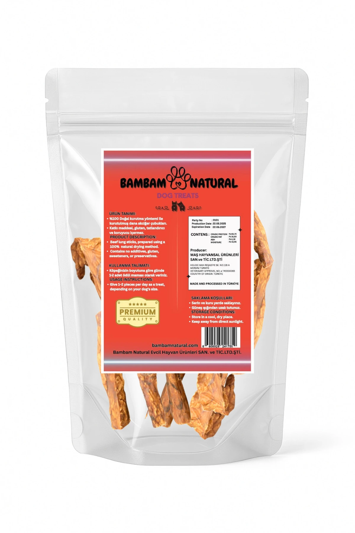 %100 Doğal Kurutulmuş Dana Akciğer Çubukları 15 Cm 100Gr - Köpek Çiğneme Ve Ödül Maması