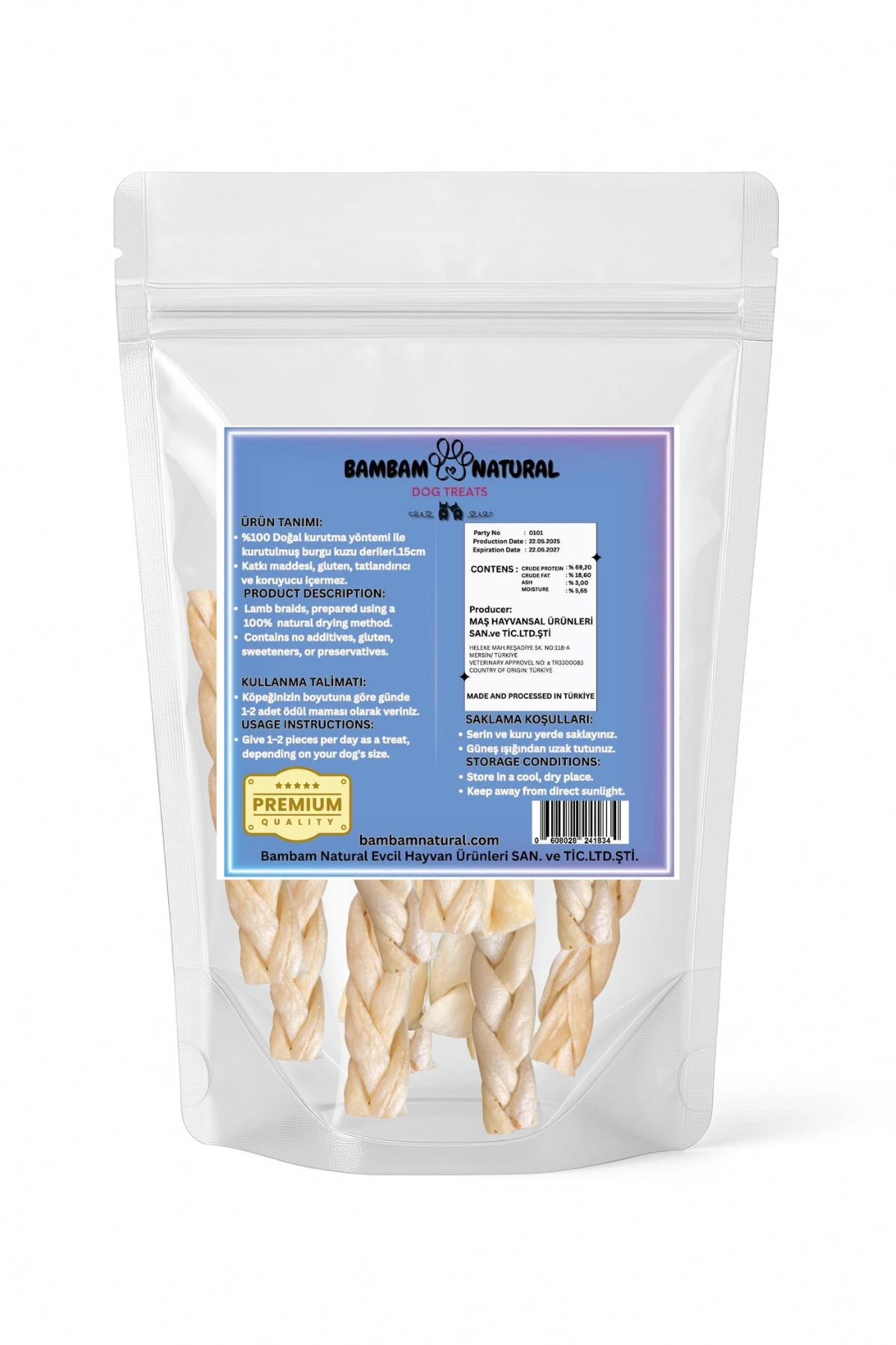 %100 Doğal Kurutulmuş Kuzu Derisi Örgüleri 15 cm 250 Gr - Köpek Çiğneme Ve Ödül Maması