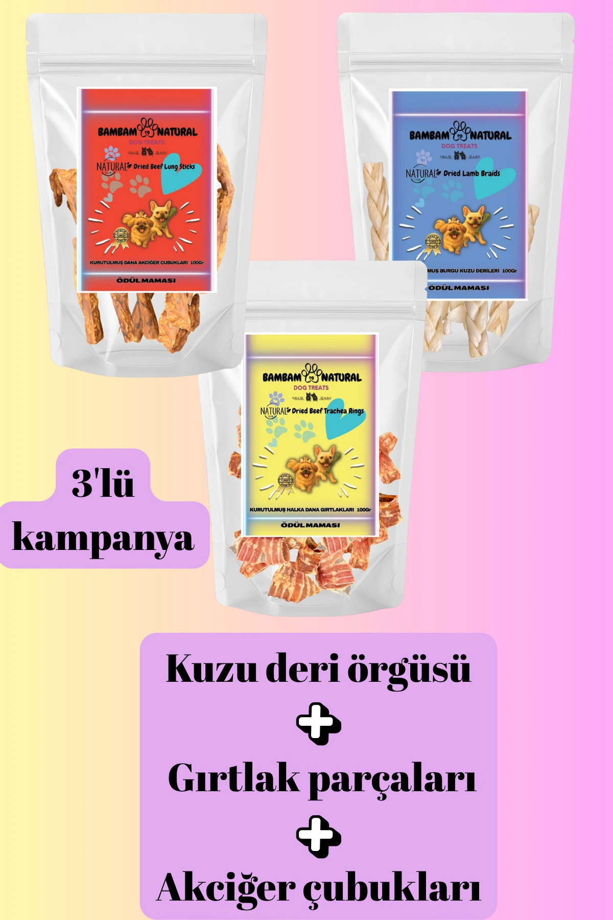 %100 Doğal Kurutulmuş Köpek Çiğneme Ve Ödül Mamaları - Kuzuderi+Gırtlak+Akciğer Çubukları