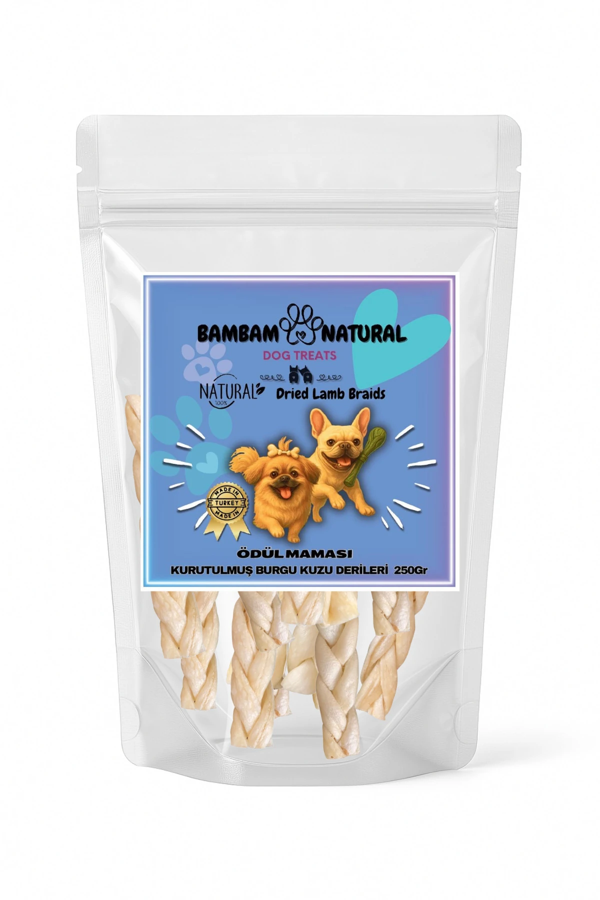 %100 Doğal Kurutulmuş Kuzu Derisi Örgüleri 15 cm 250 Gr - Köpek Çiğneme Ve Ödül Maması