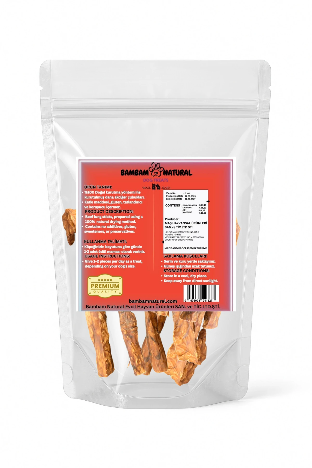 %Doğal Kurutulmuş Dana Akciğer Çubukları 15 Cm 250 Gr - Köpek Çiğneme ve Ödül Maması