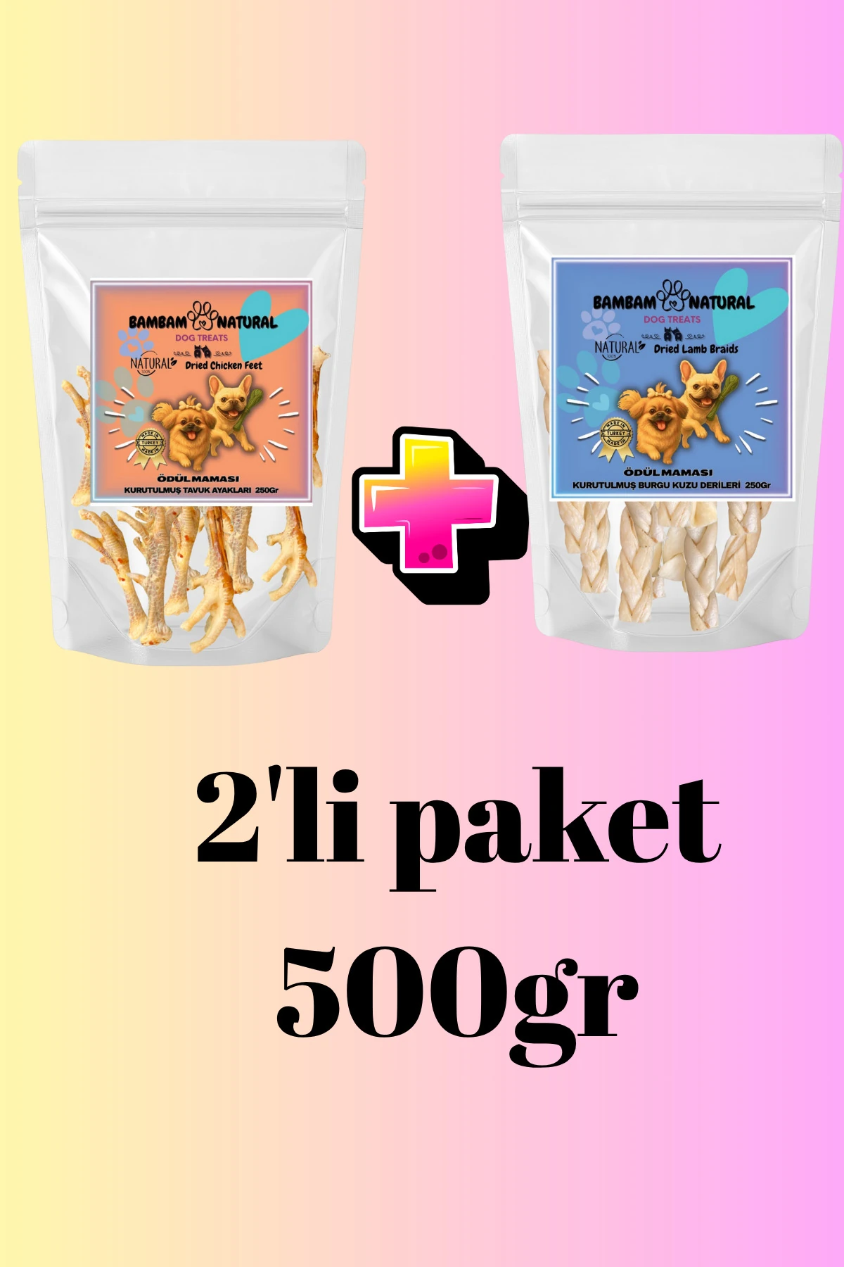 Dev 2'li Paket 500gr Köpek Çiğneme Ve Ödül Maması - Kuzu Derisi ve Tavuk Ayakları