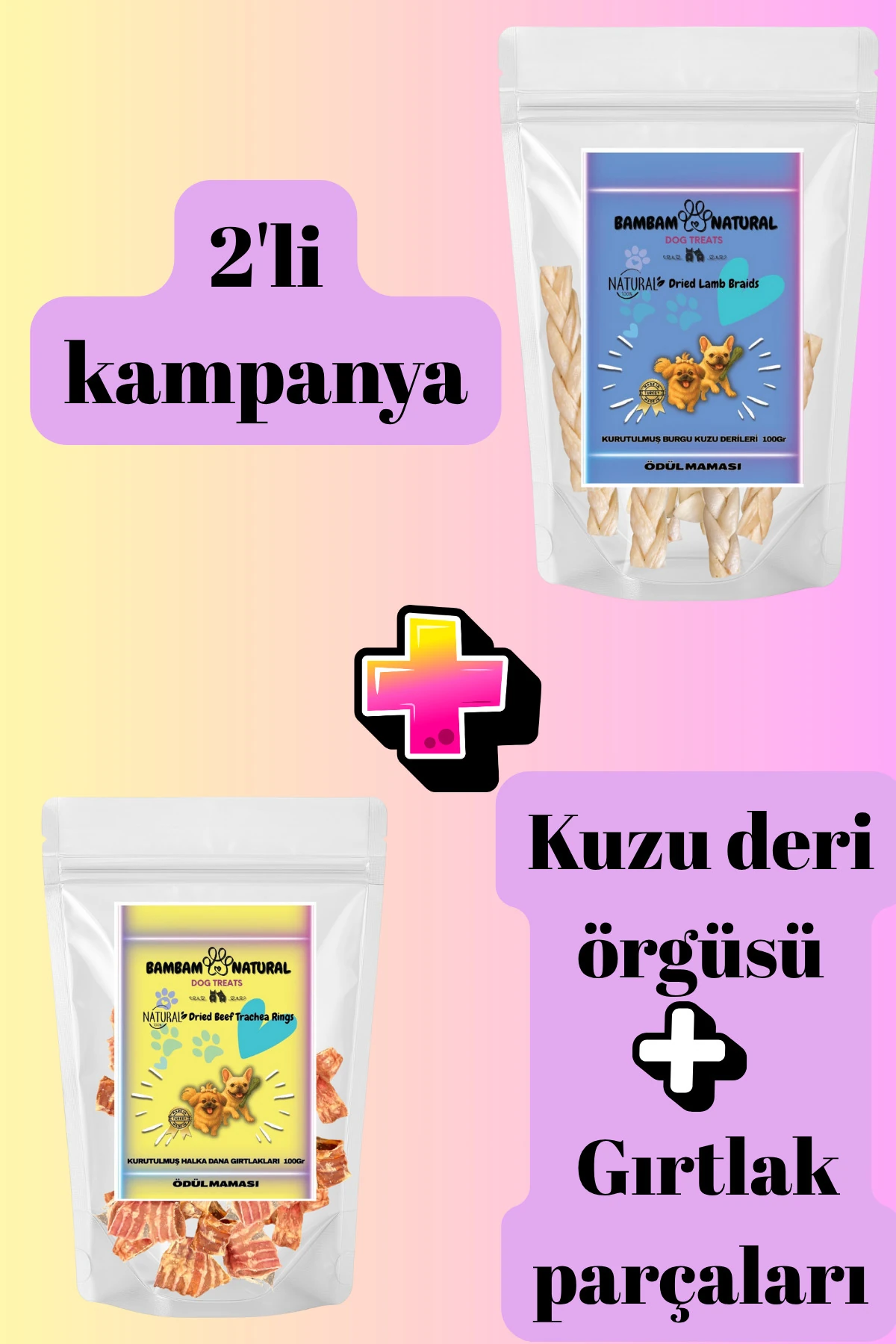 %100 Doğal Kurutulmuş Çiğneme Ve Ödül Mamaları-Kuzu Deri Örgüleri 100gr+Dana Gırtlak Parçaları 100gr