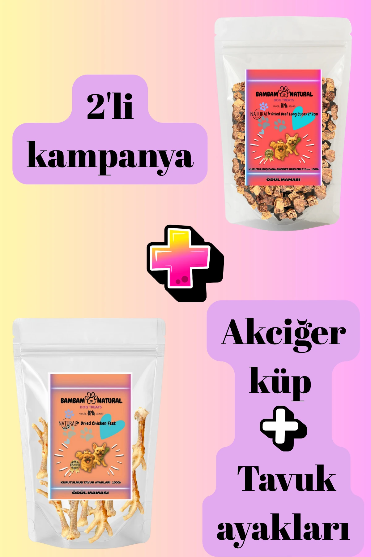 %100 Doğal Kurutulmuş Çiğneme Ve Ödül Mamaları - Tavuk Ayağı 100gr + Dana Akciğer Küp 2cm 100gr