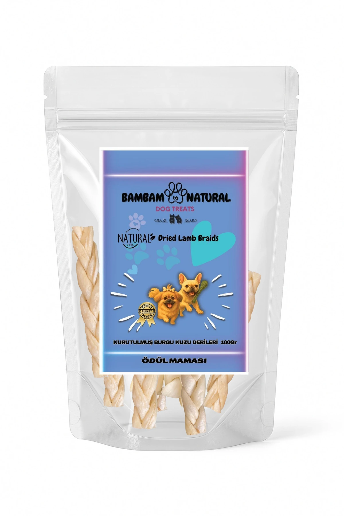 %100 Doğal Kurutulmuş Kuzu Derisi Örgüleri 15Cm 100Gr - Köpek Çiğneme Ve Ödül Maması