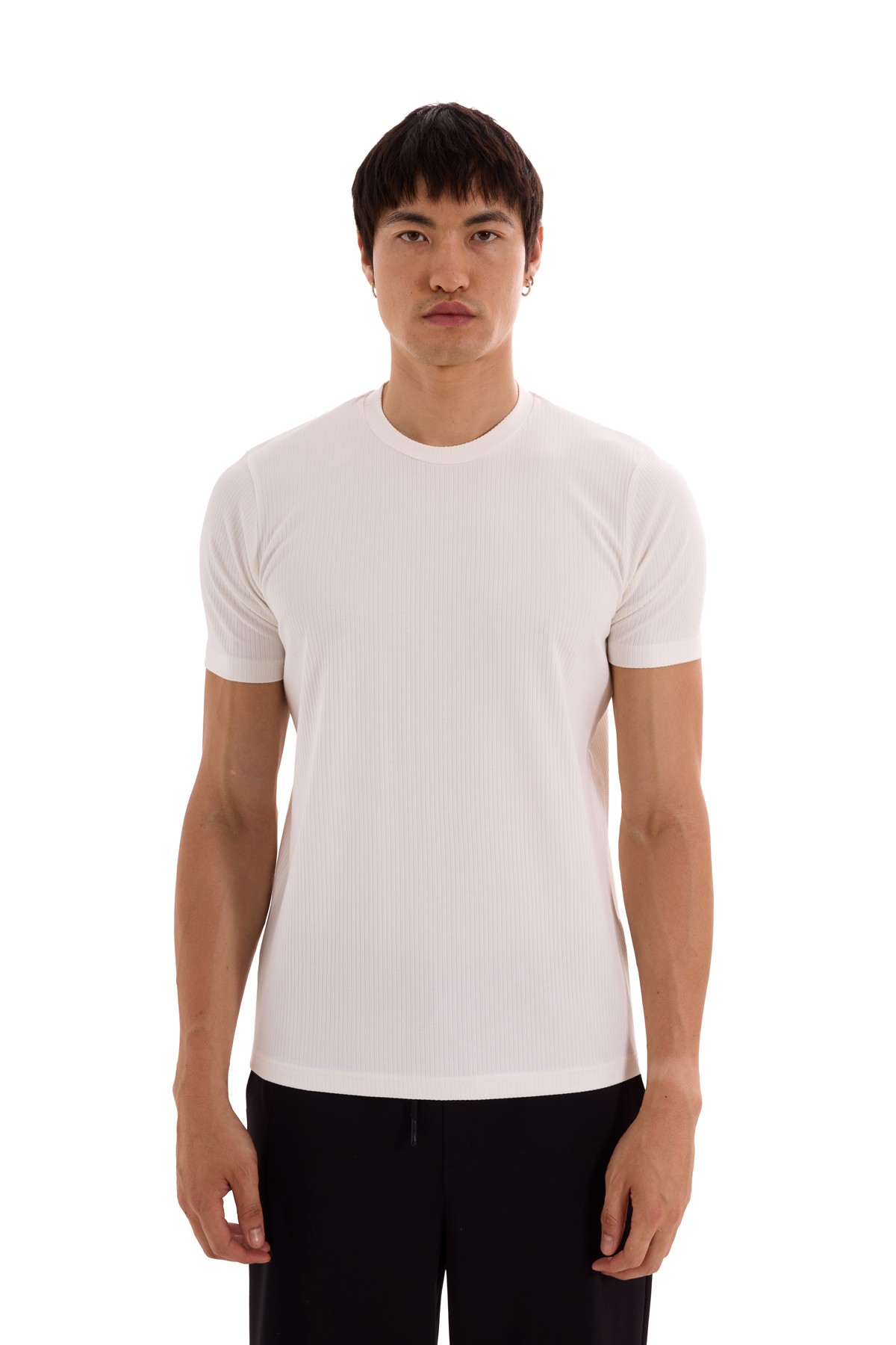 Krem Dikey Çizgili Slim Fit T-Shirt