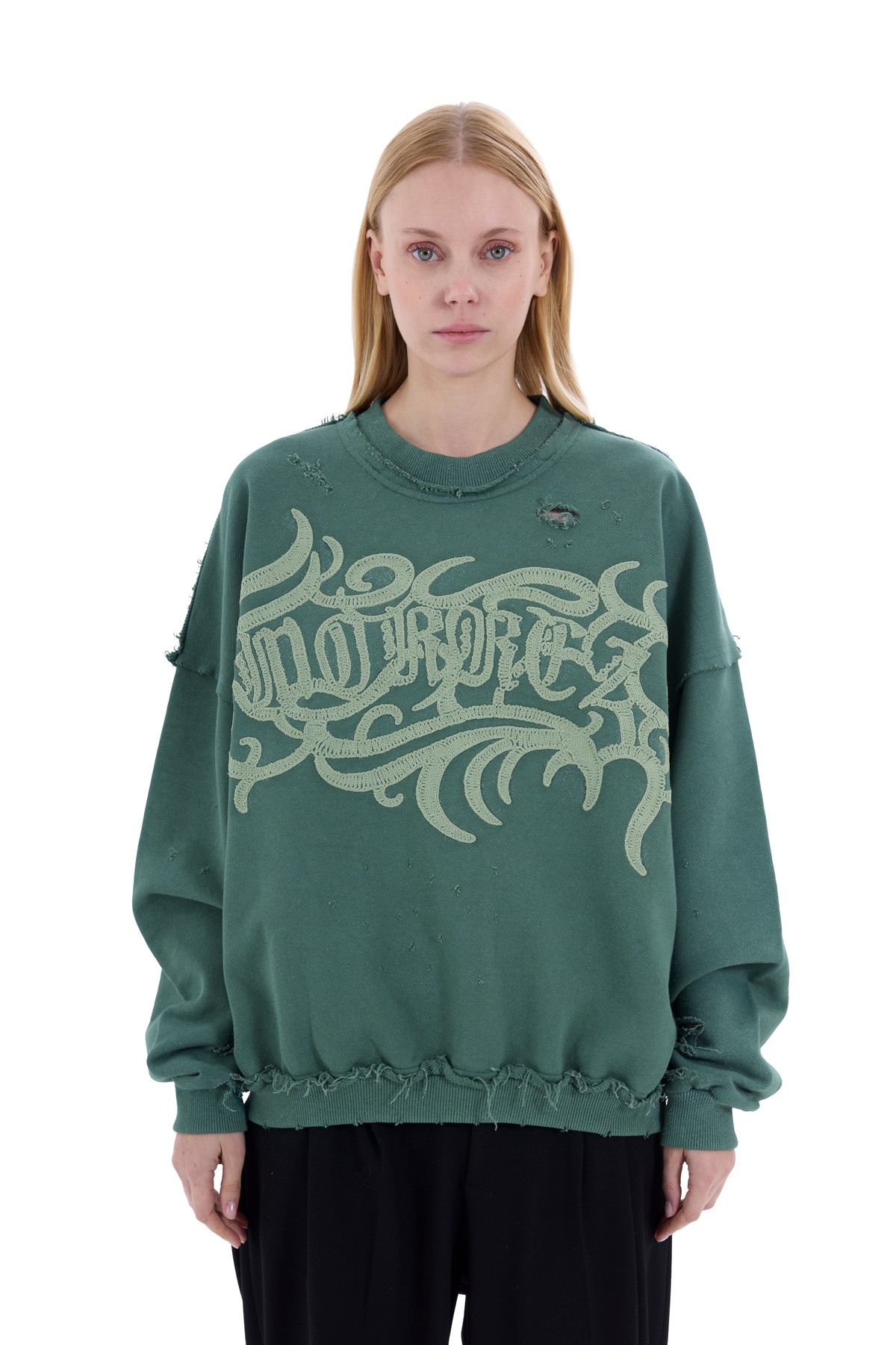 Green Washed Embroidered Sweatshirt