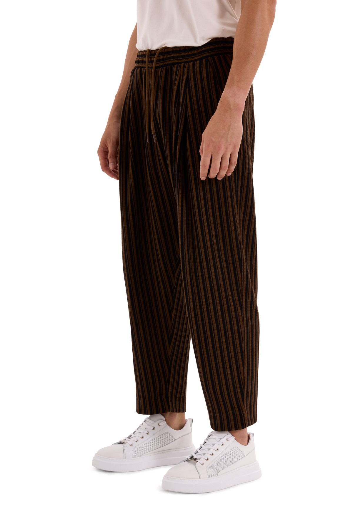 Brown Double Pleated Striped Trousers