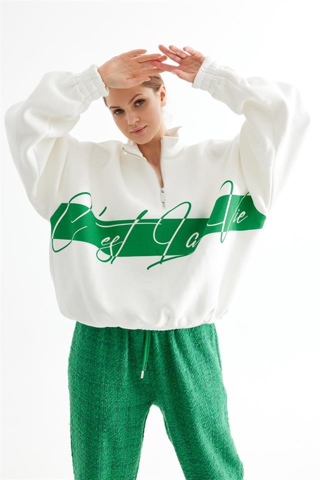 Green Cest La Vie Half Zipper Sweatshirt K