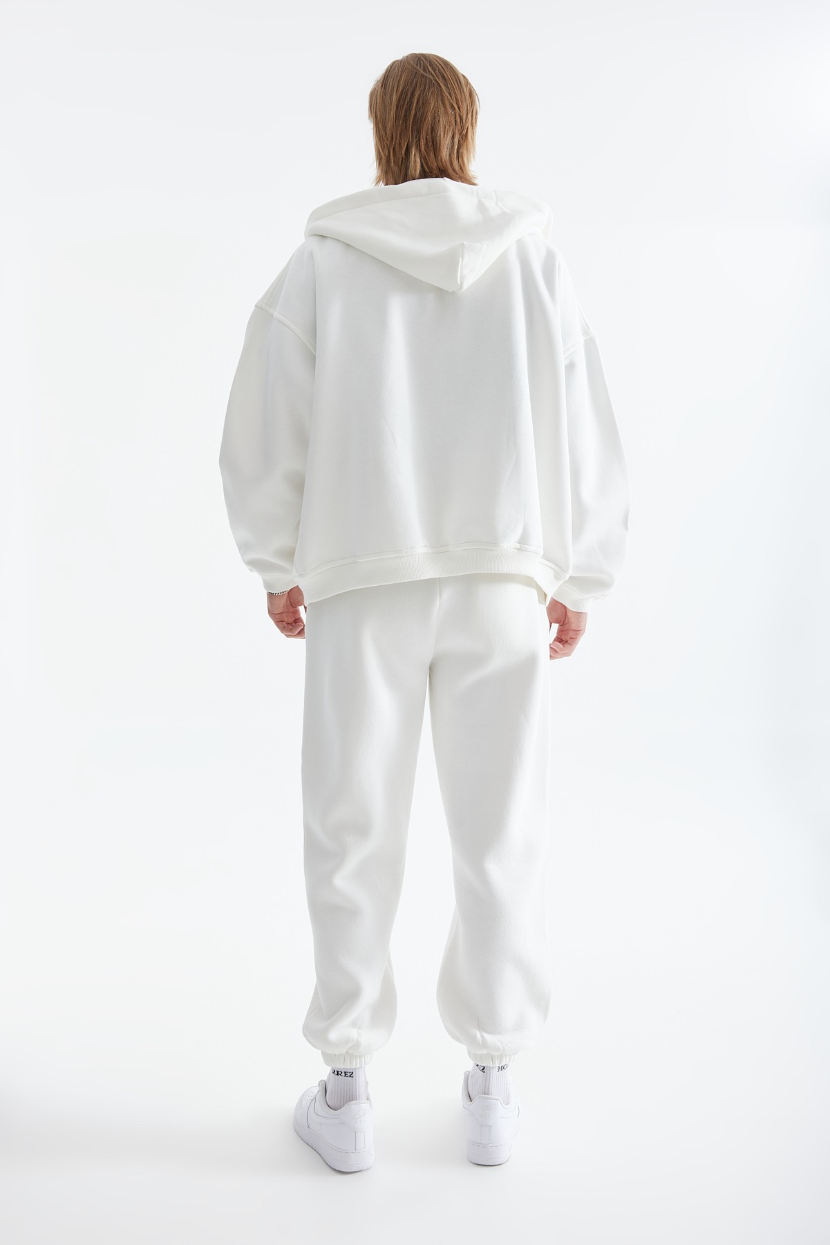 Beyaz Fermuarlı Kapüşonlu Sweatshirt