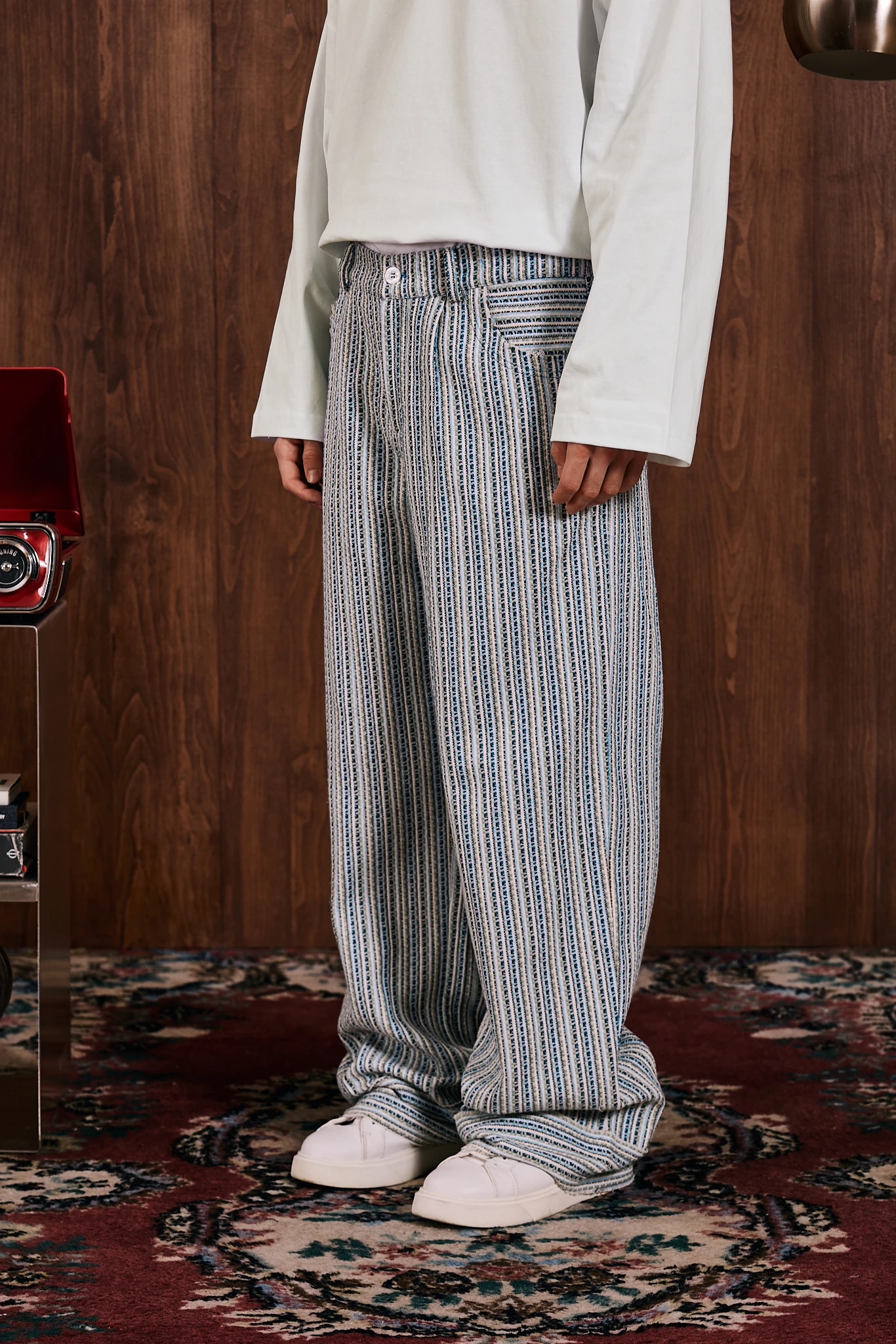 Homebound Dokuma Desenli Bol Paça Pantolon Mavi