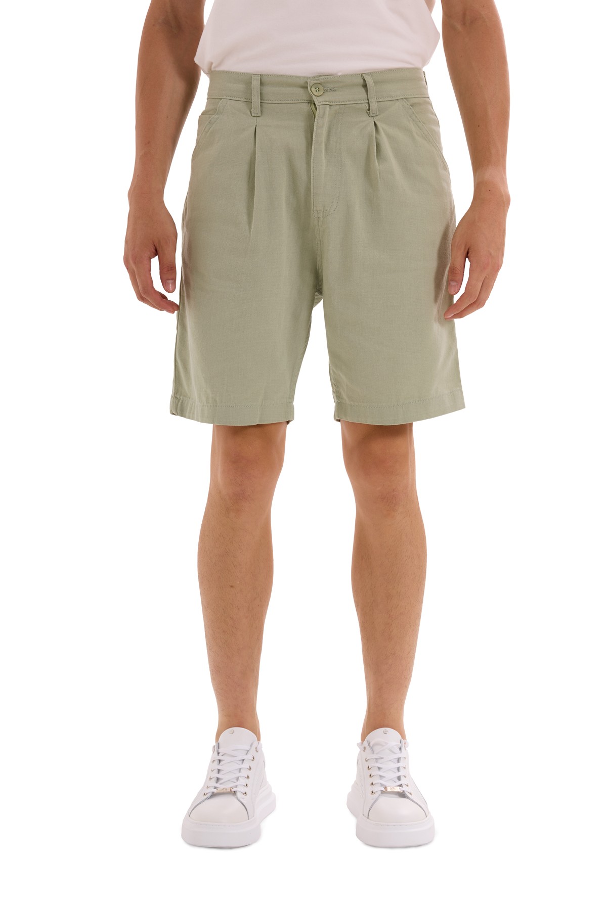 Green Pleated Woven Shorts