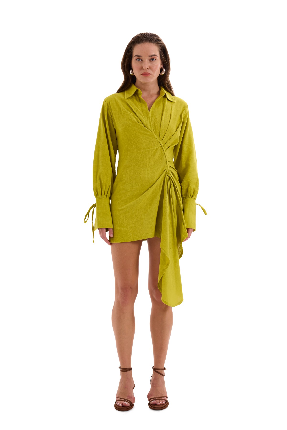 Green Asymmetric Cut Linen Dress