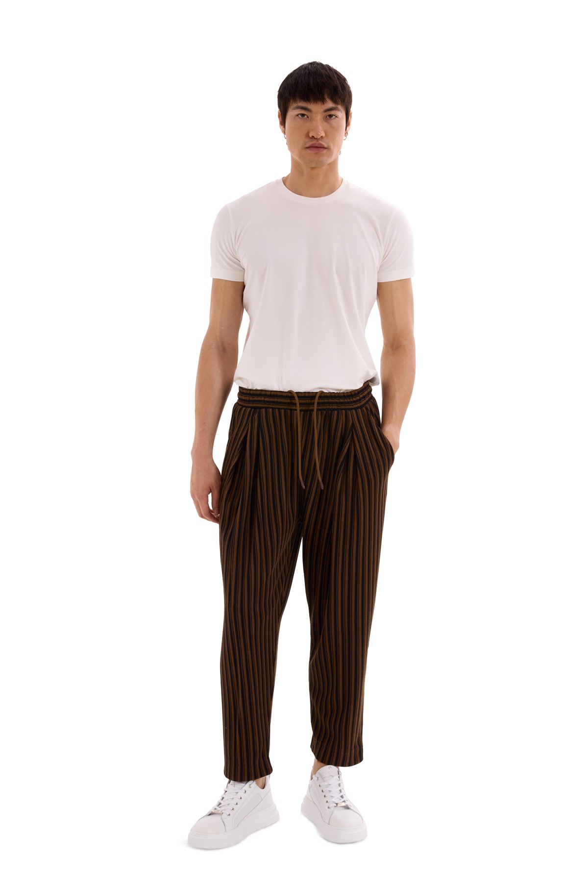 Brown Double Pleated Striped Trousers