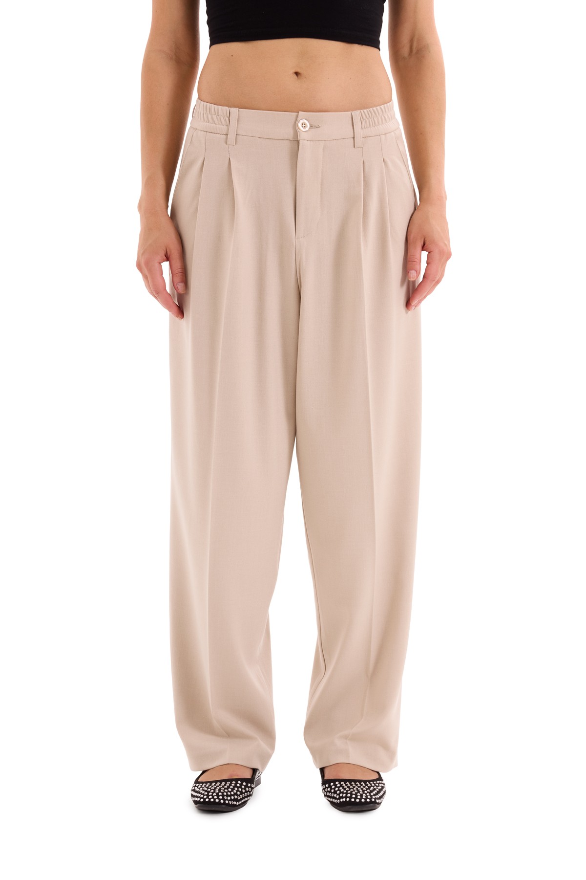 Beige Pleated Woven Trousers K