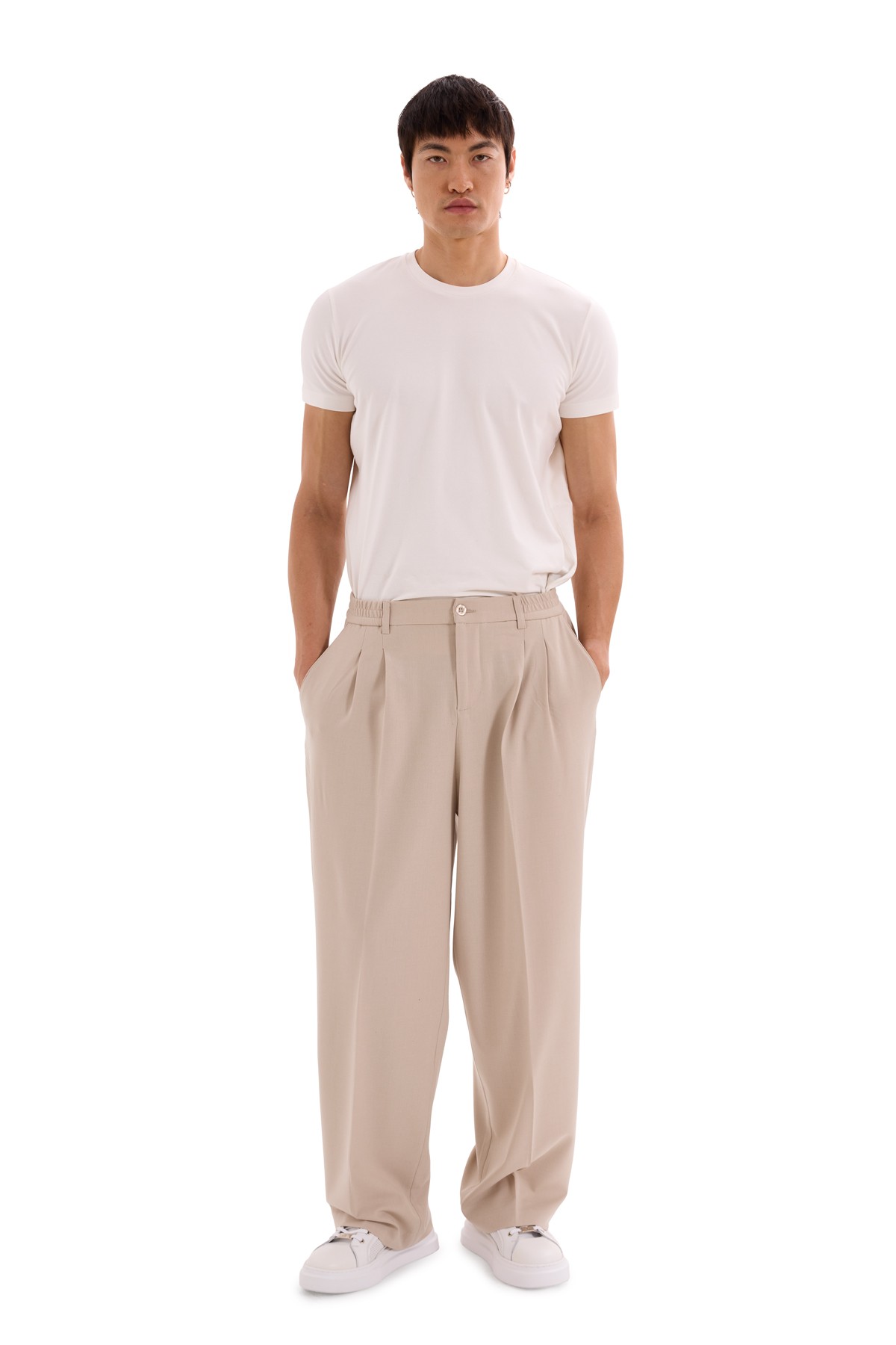 Beige Pleated Woven Trousers