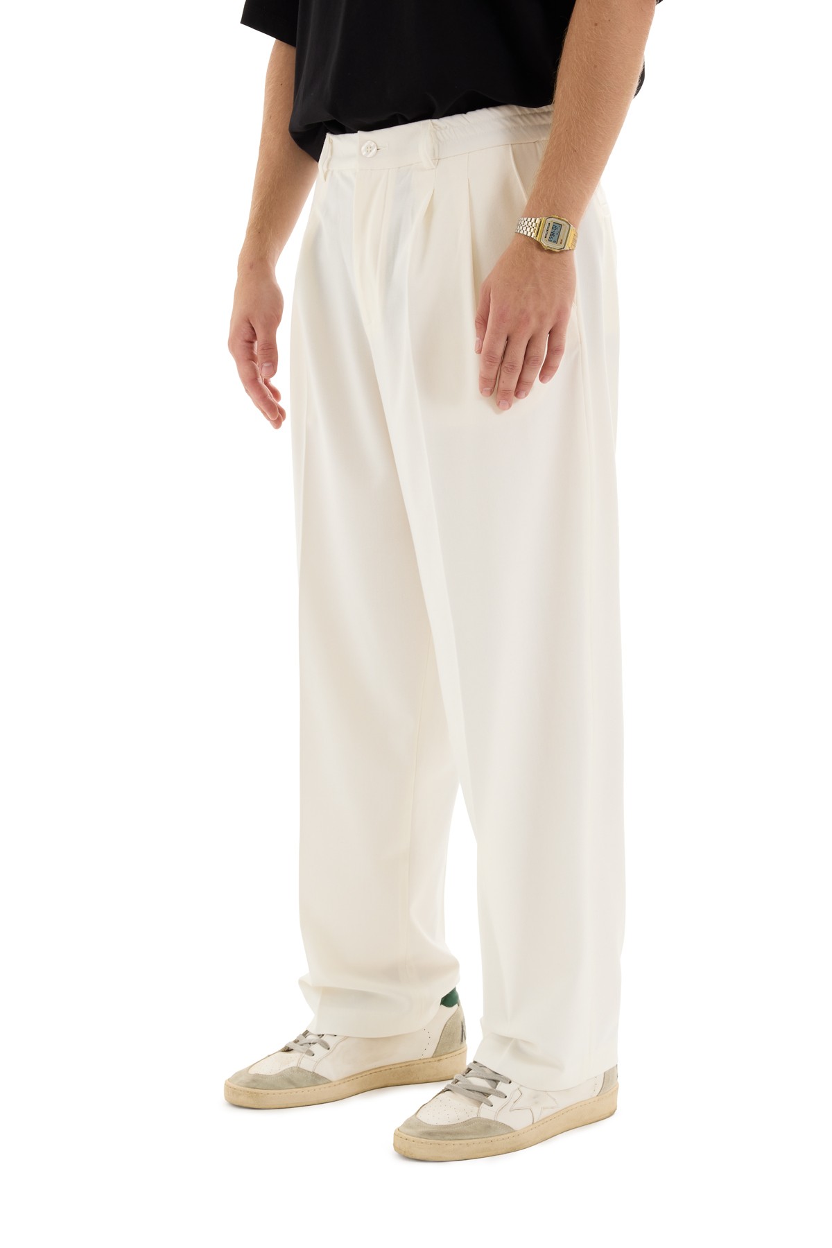 Ecru Pleated Woven Trousers