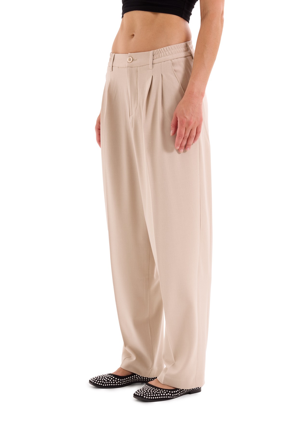 Beige Pleated Woven Trousers K