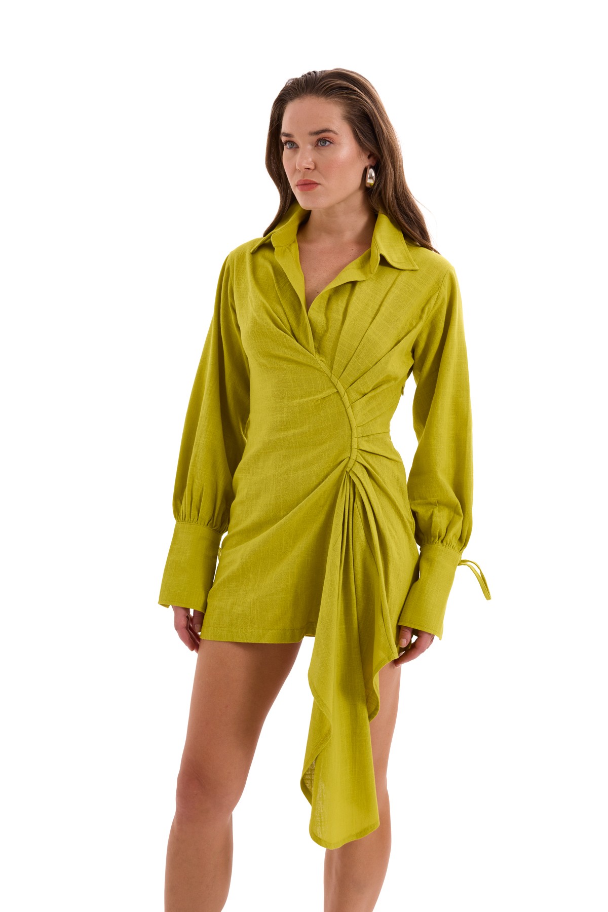 Green Asymmetric Cut Linen Dress