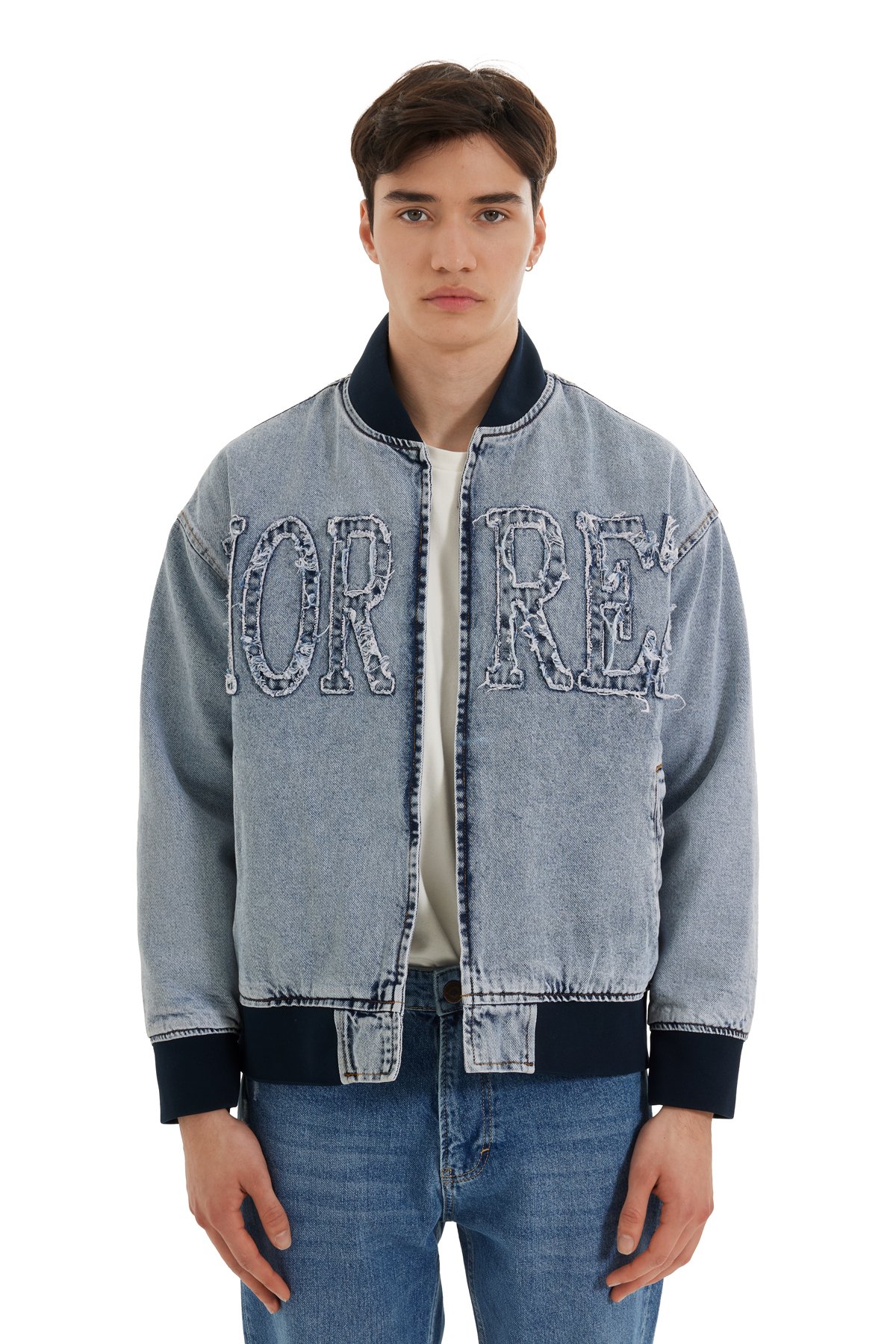 Aplike Detaylı Denim Bomber Ceket