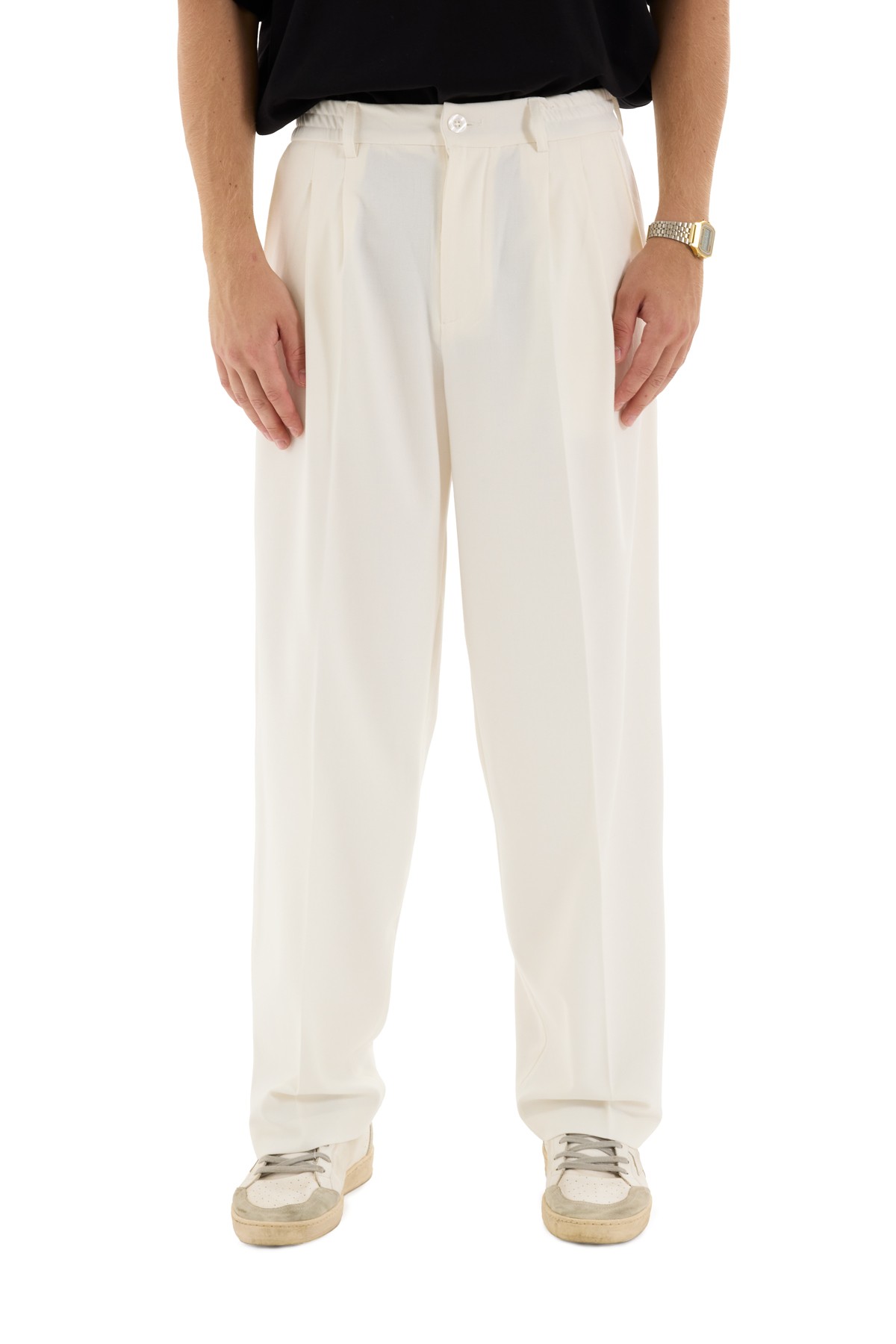 Ecru Pleated Woven Trousers