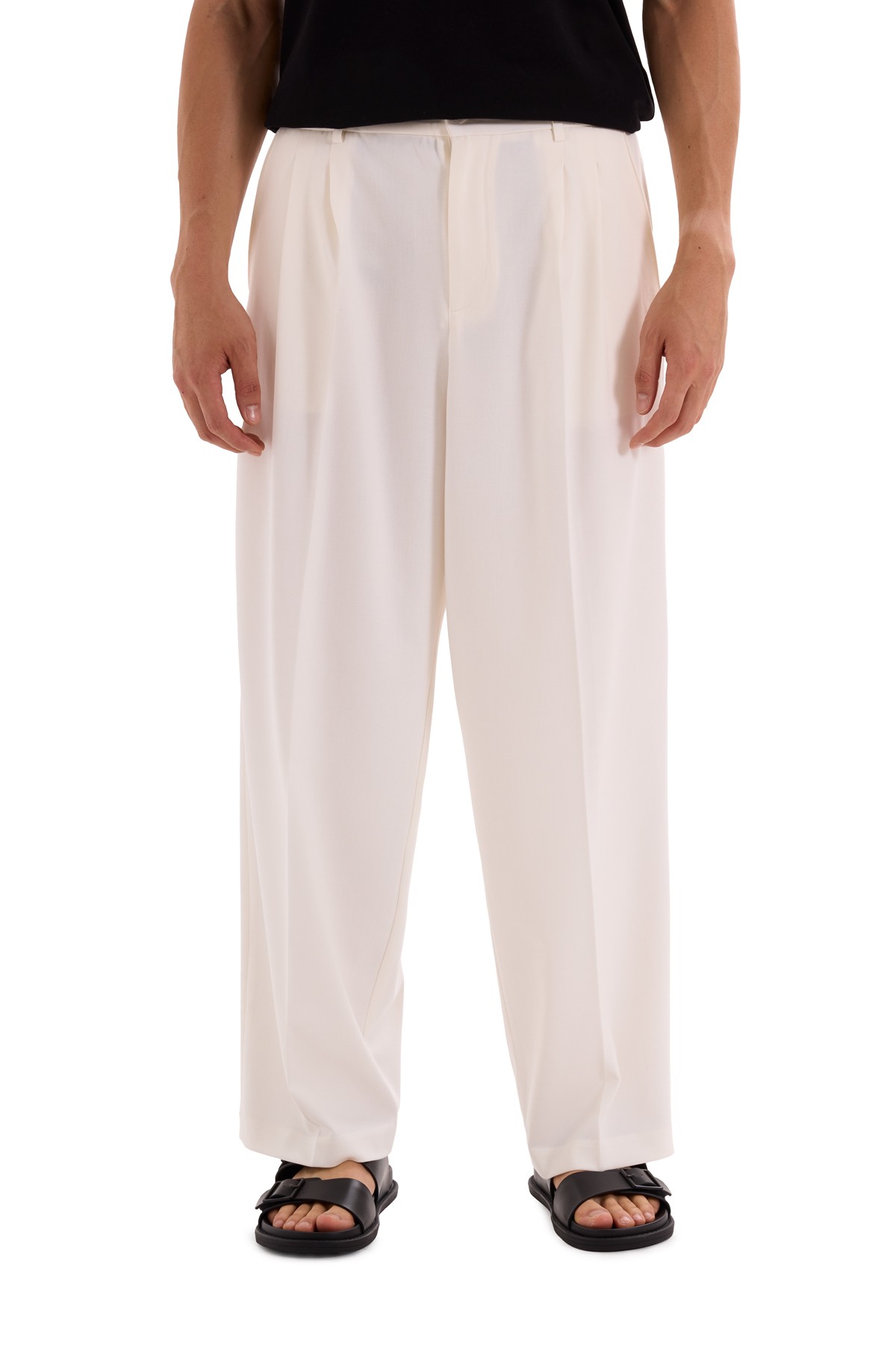 Ecru Pleated Woven Trousers