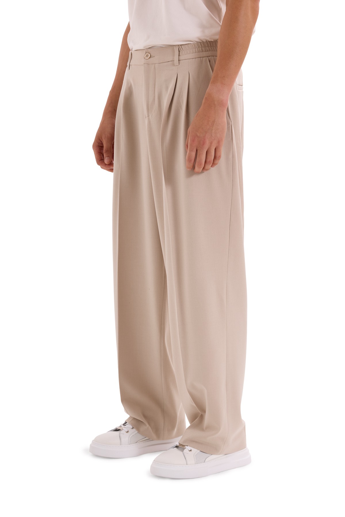 Beige Pleated Woven Trousers