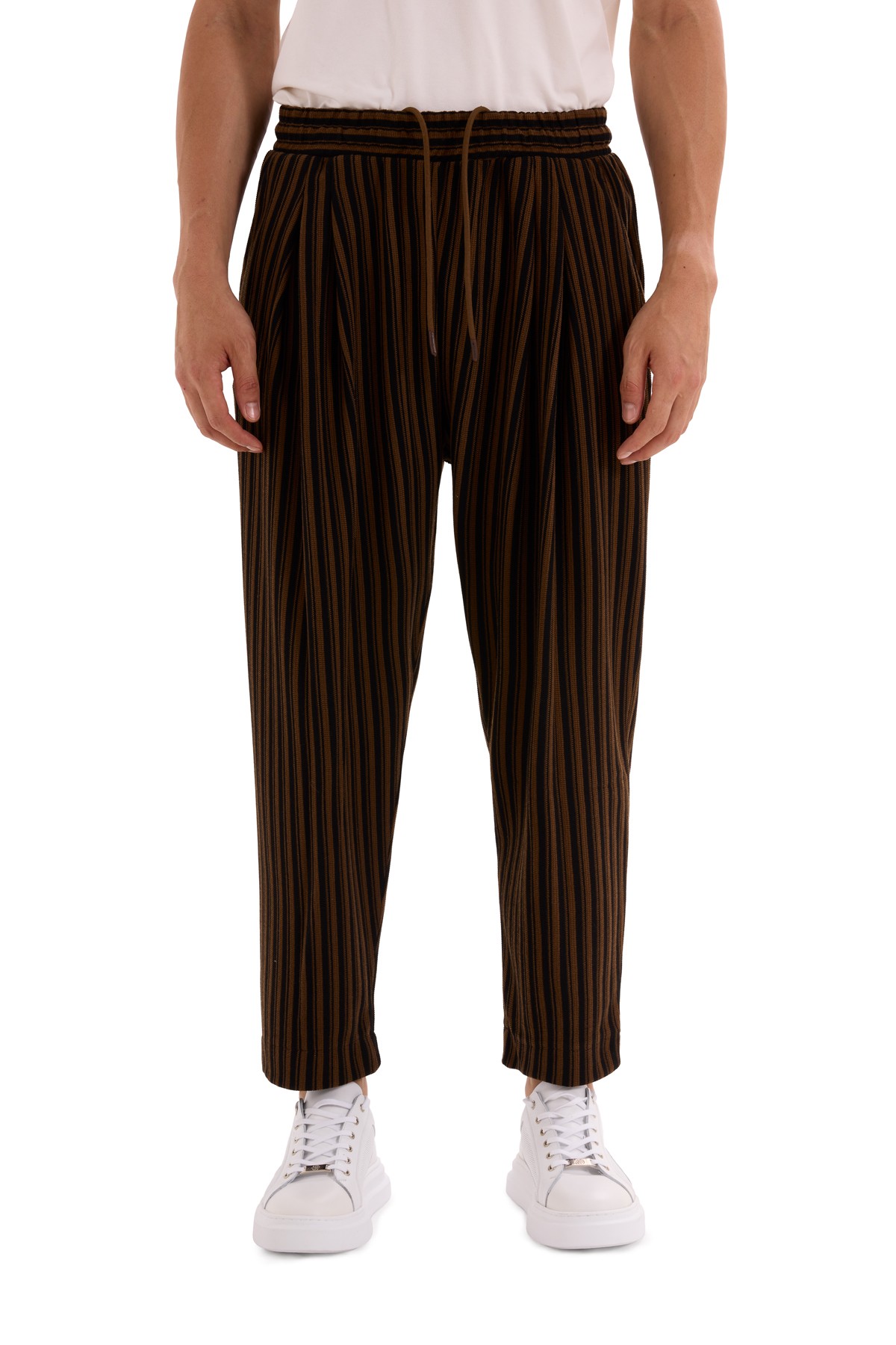 Brown Double Pleated Striped Trousers