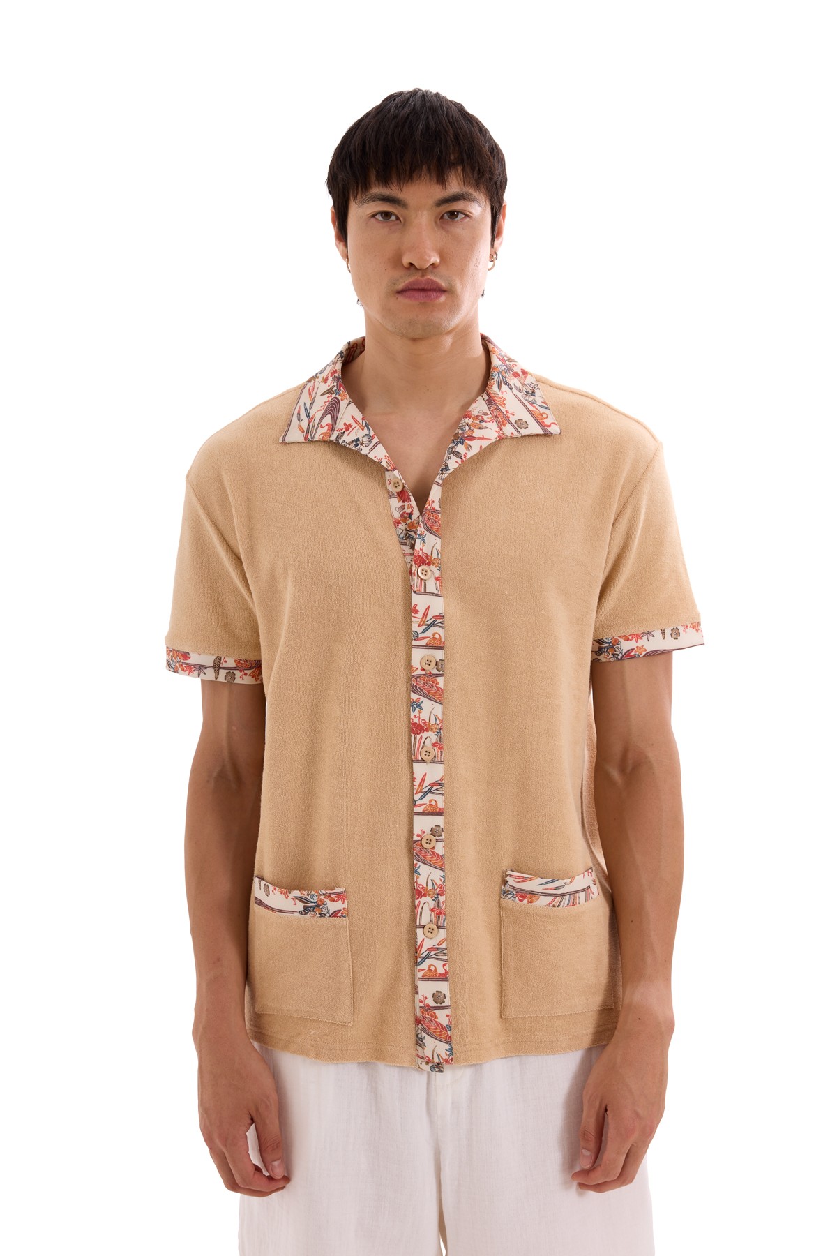 Terry Cloth Patterned Shirt with Pocket Detail