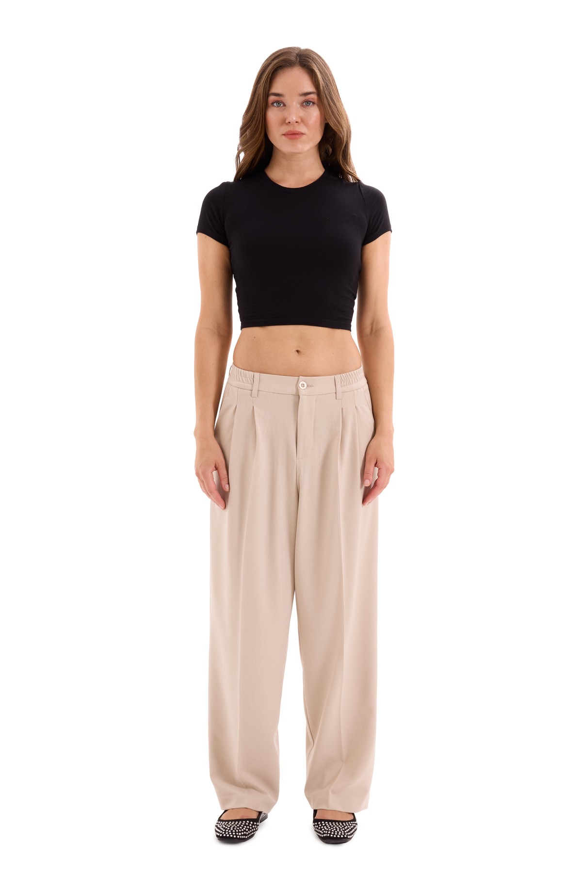 Beige Pleated Woven Trousers K