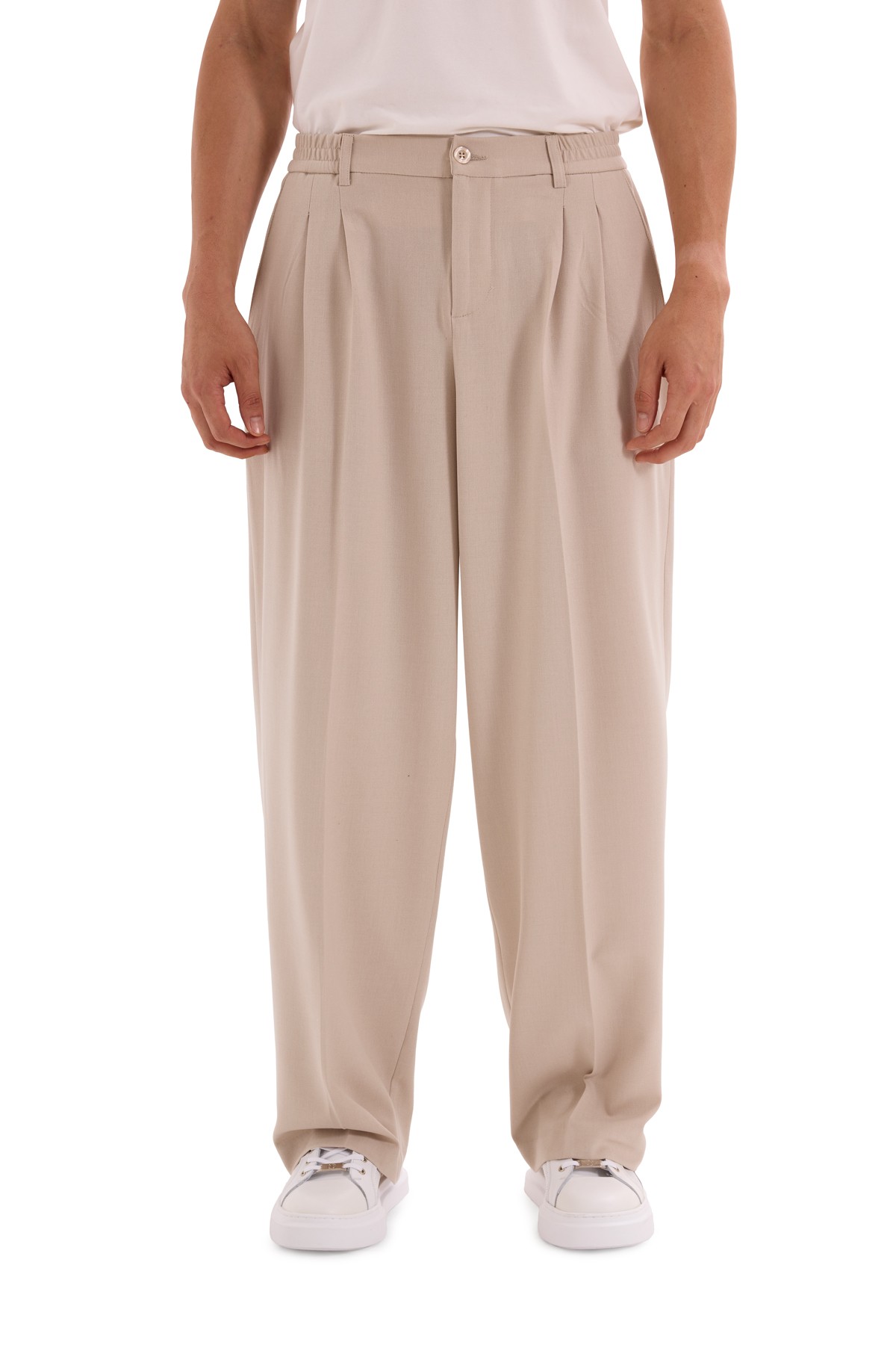 Beige Pleated Woven Trousers