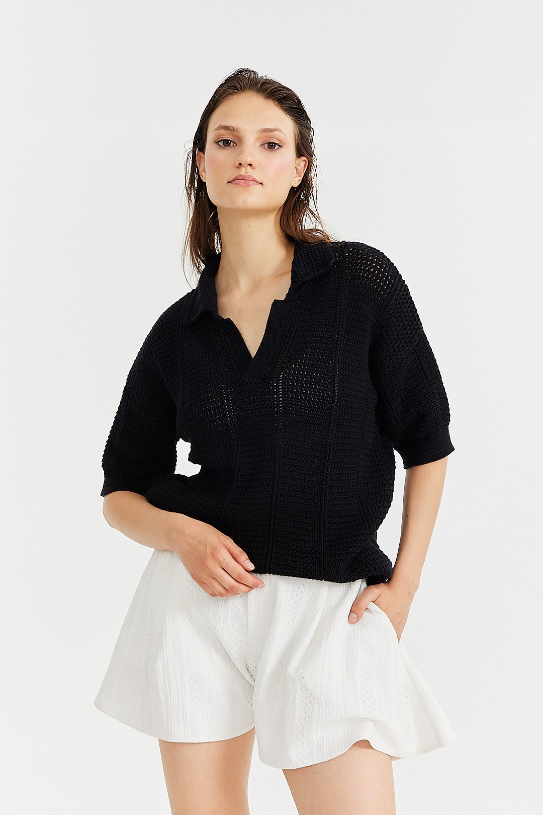 Black Openwork Polo Neck Sweater K