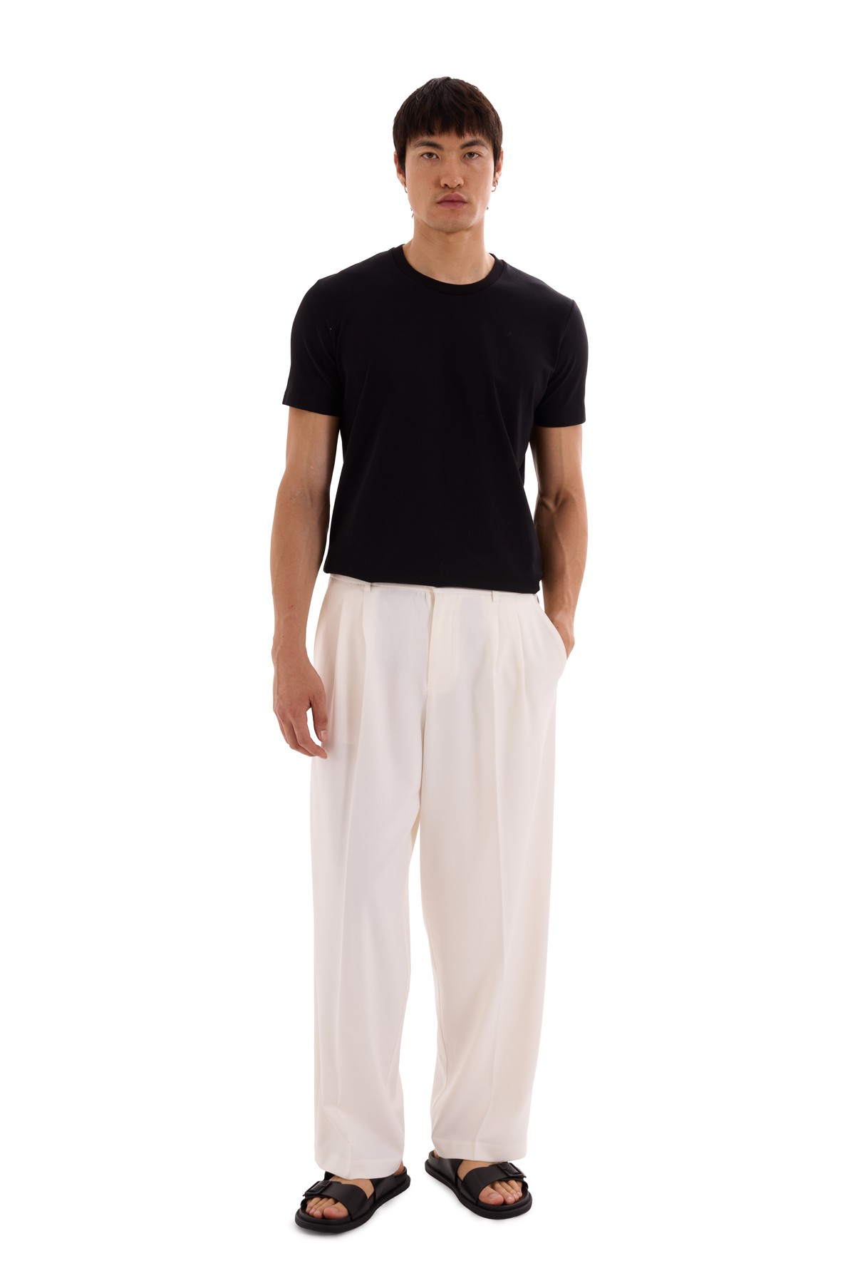 Ecru Pleated Woven Trousers