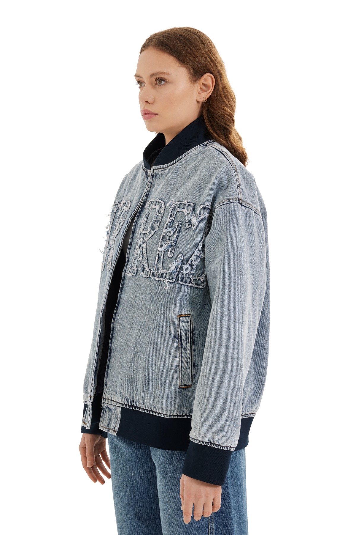 Denim Bomber Jacket with Applique Detail // Woman