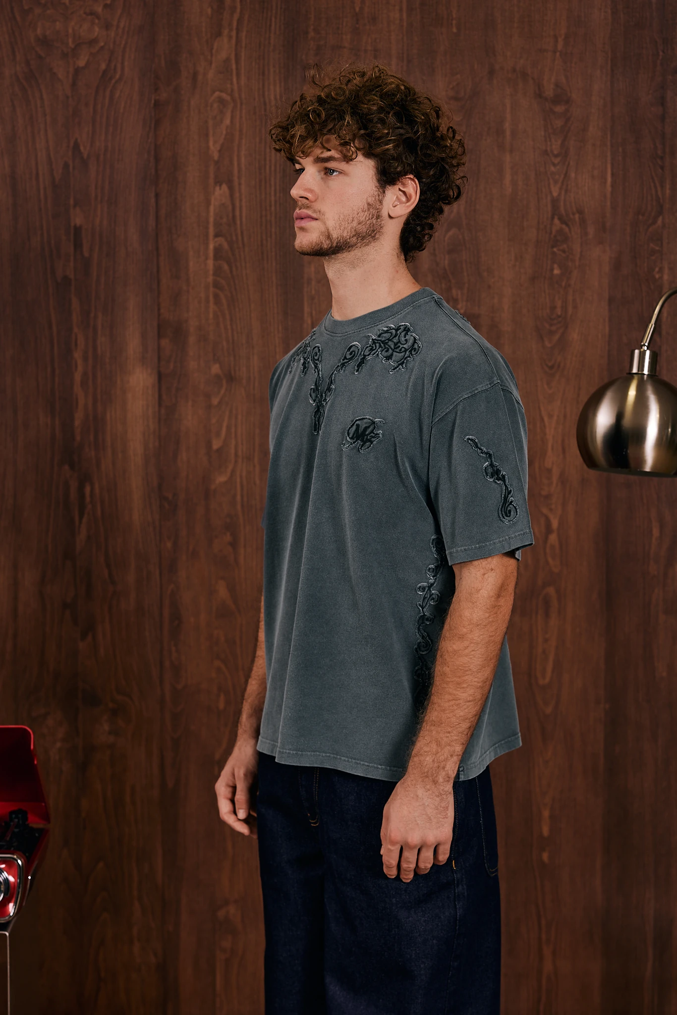 Anthracite Textured Motif T-Shirt Antrasit