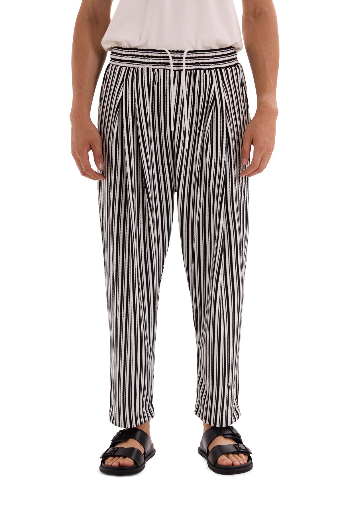 Ecru Double Pleated Striped Trousers