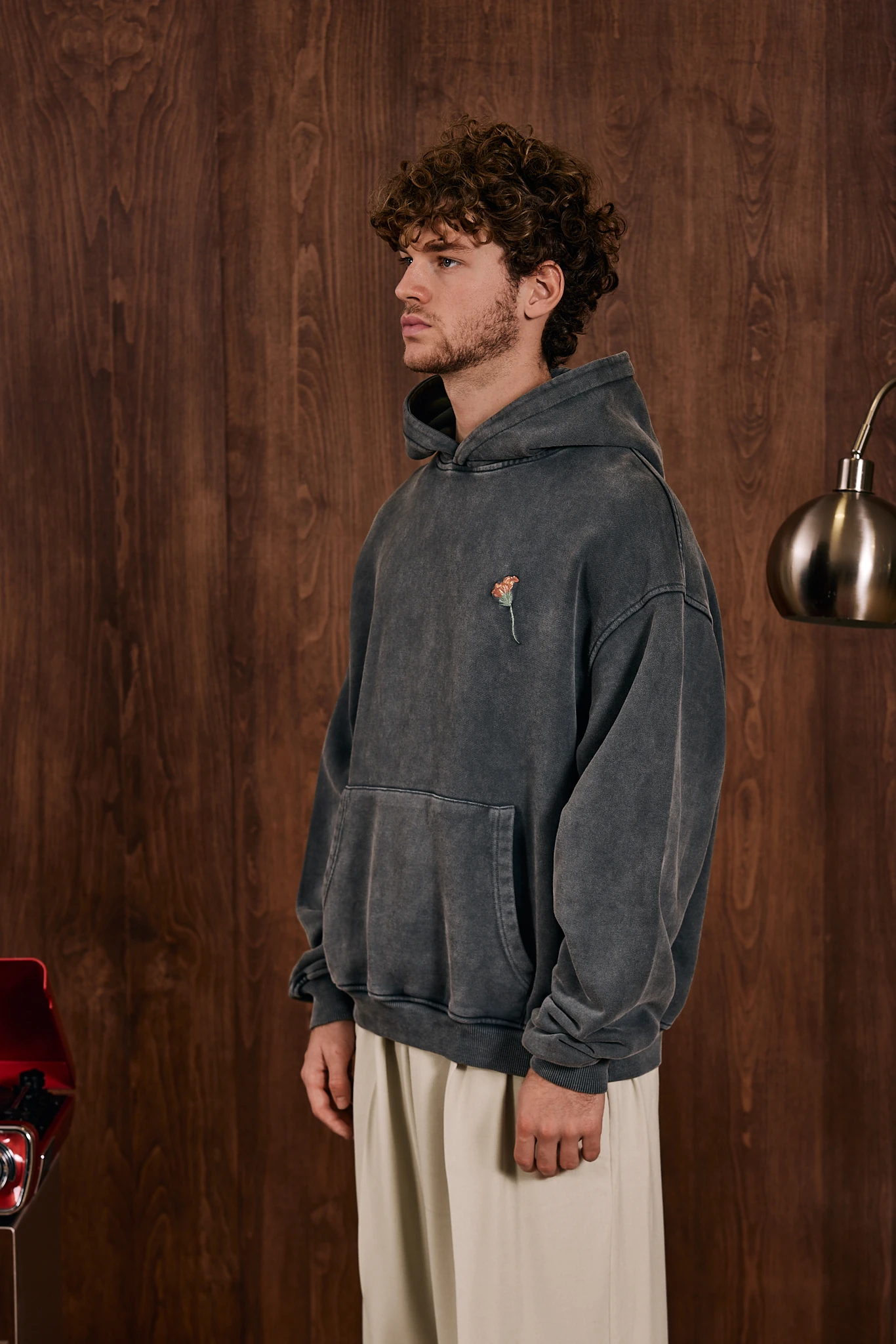 Bloom From Roots Anthrachite Wash Nakış Detaylı Hoodie Antrasit