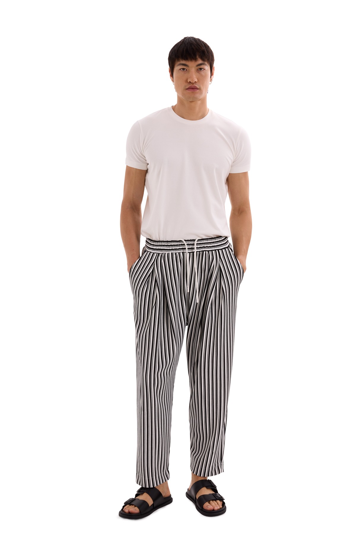 Ecru Double Pleated Striped Trousers