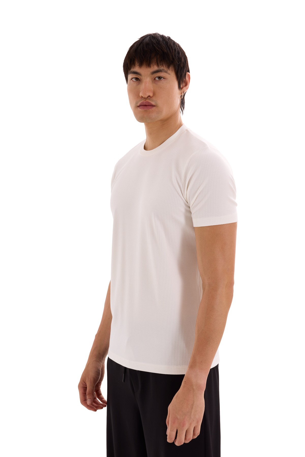 Krem Dikey Çizgili Slim Fit T-Shirt