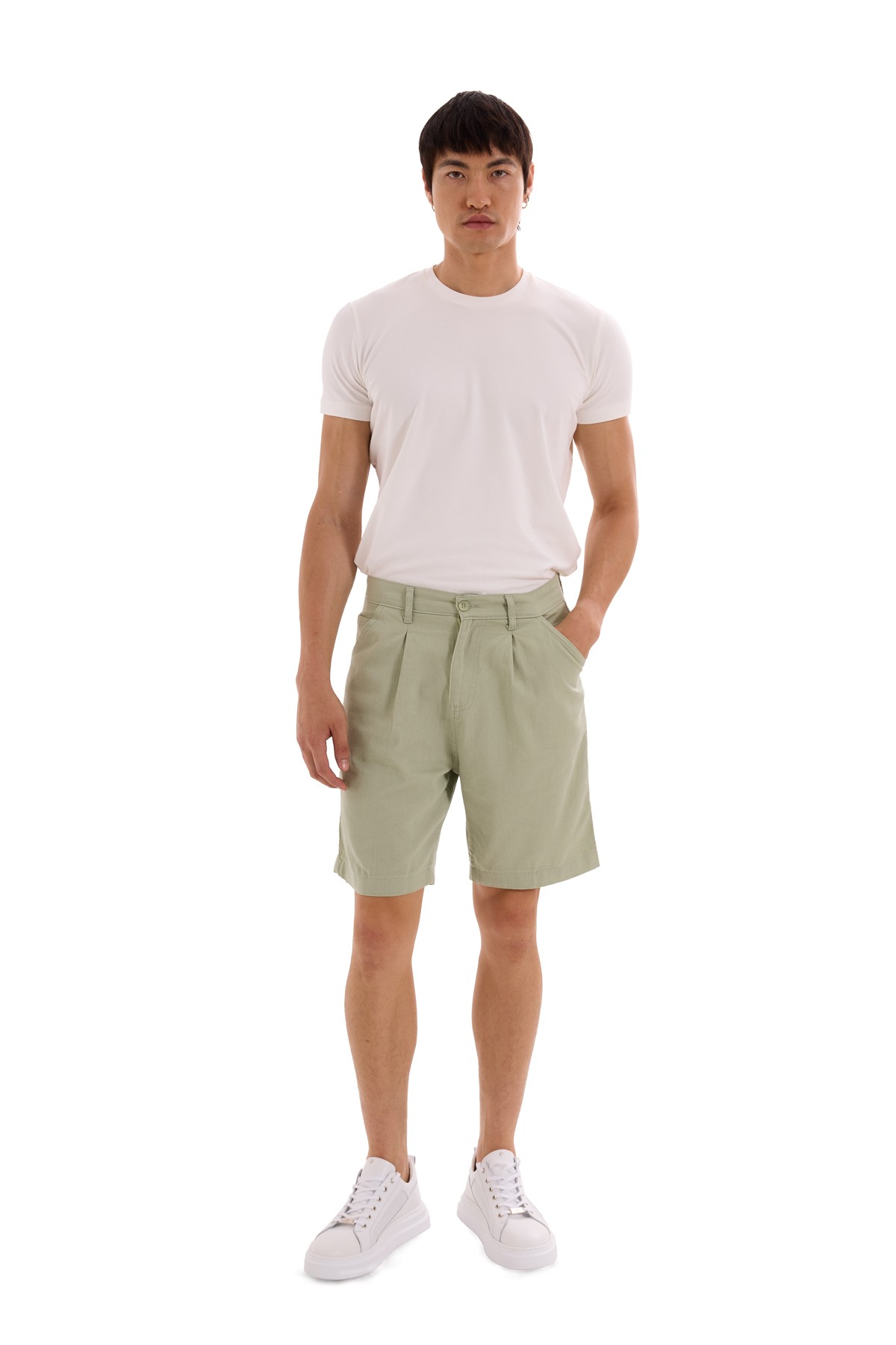 Green Pleated Woven Shorts