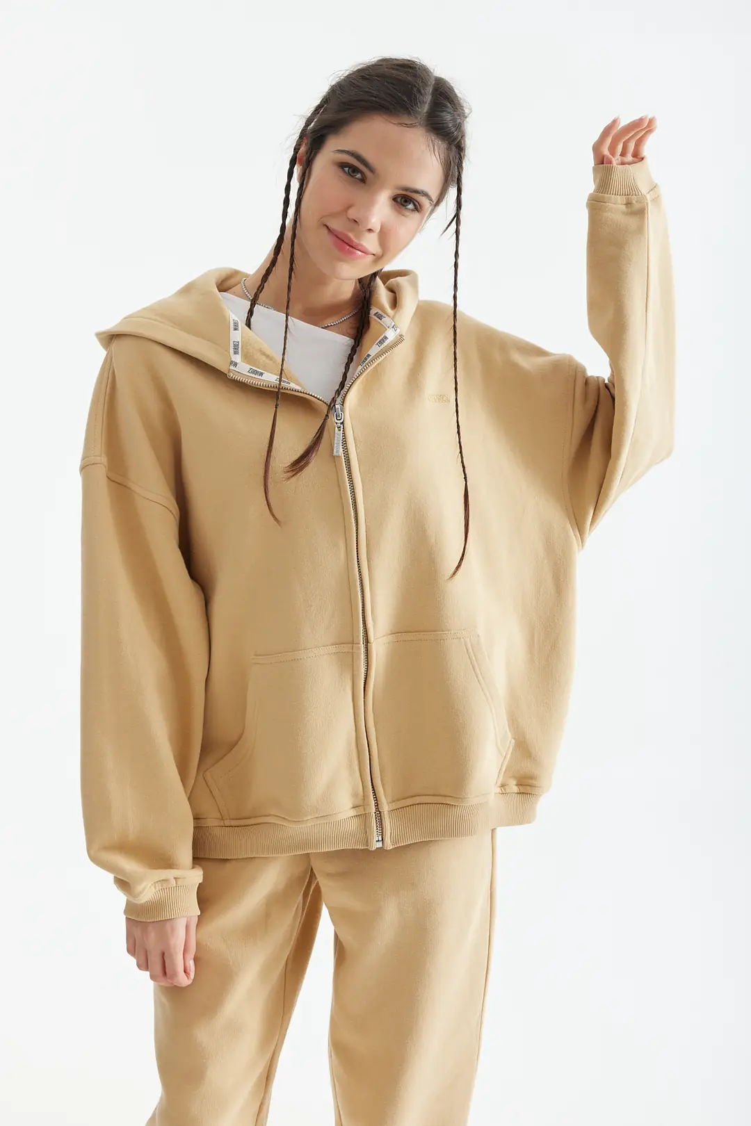 Beige Zipper Hooded Sweatshirt K